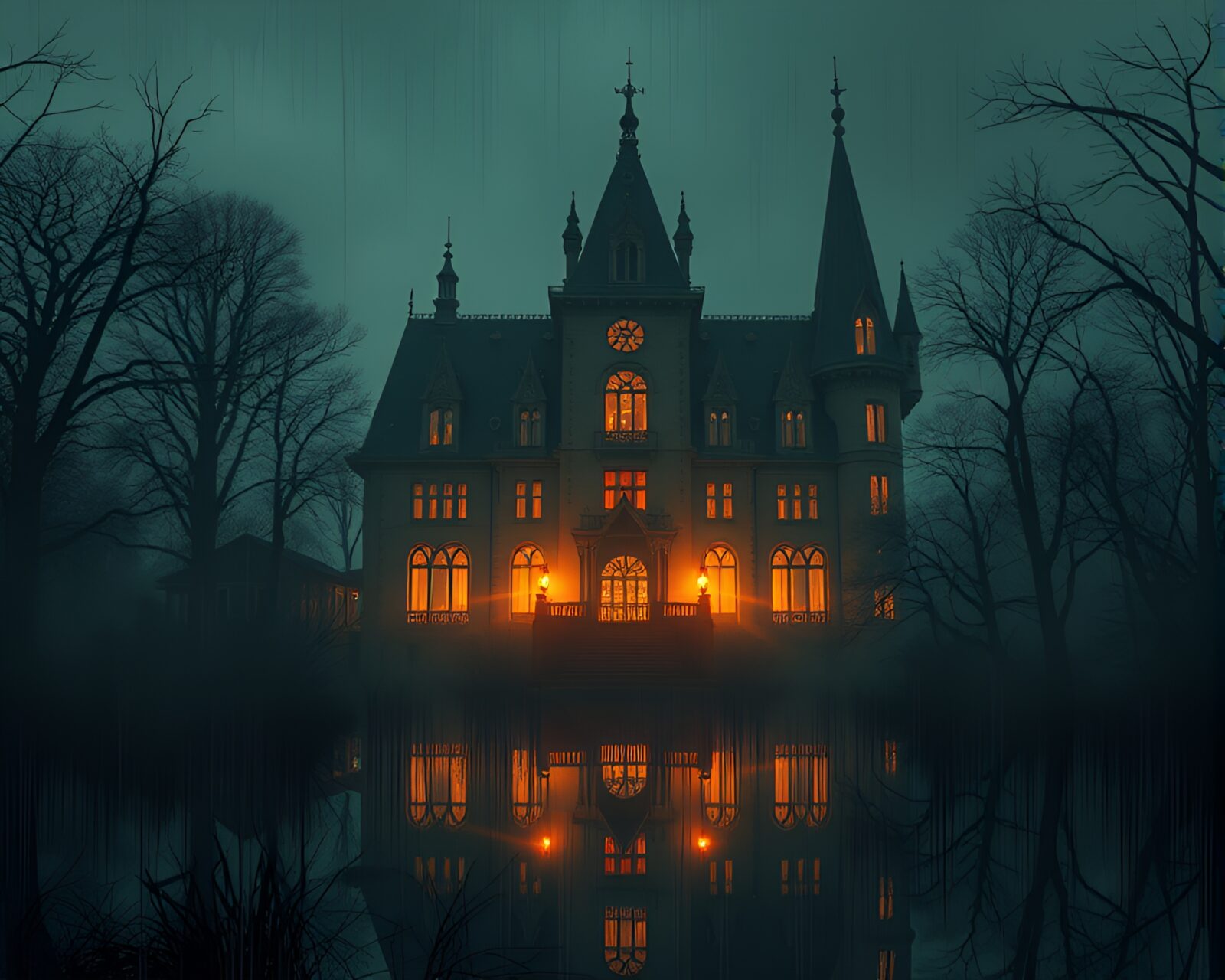 Dripped paint style image of mirror reflecting dark mansion