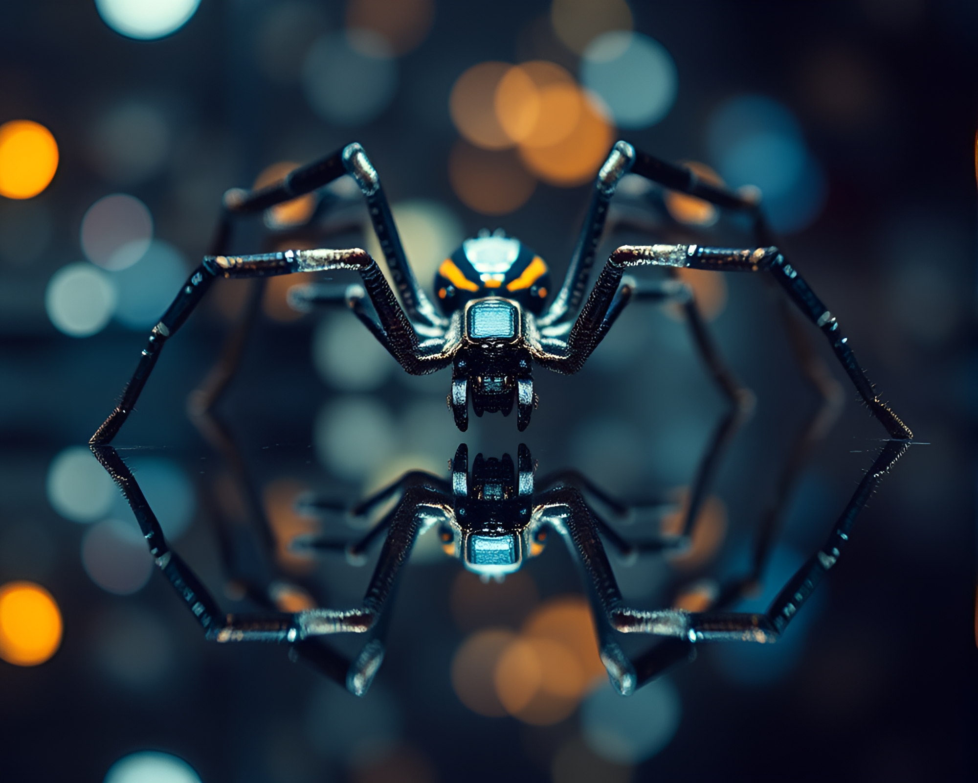 Mechanical Spider Reflects in Symmetry with Bokeh Lights – free AI stock image