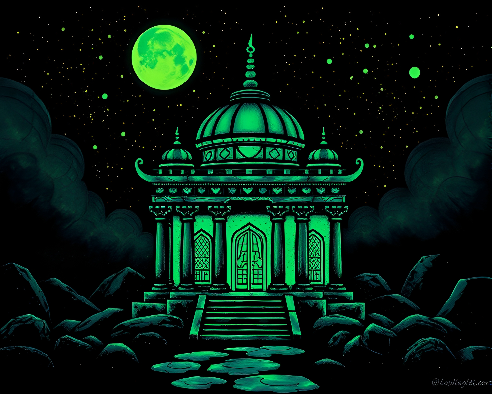 Glowing Temple Stitched in Splatter Art Illumination – free AI stock image