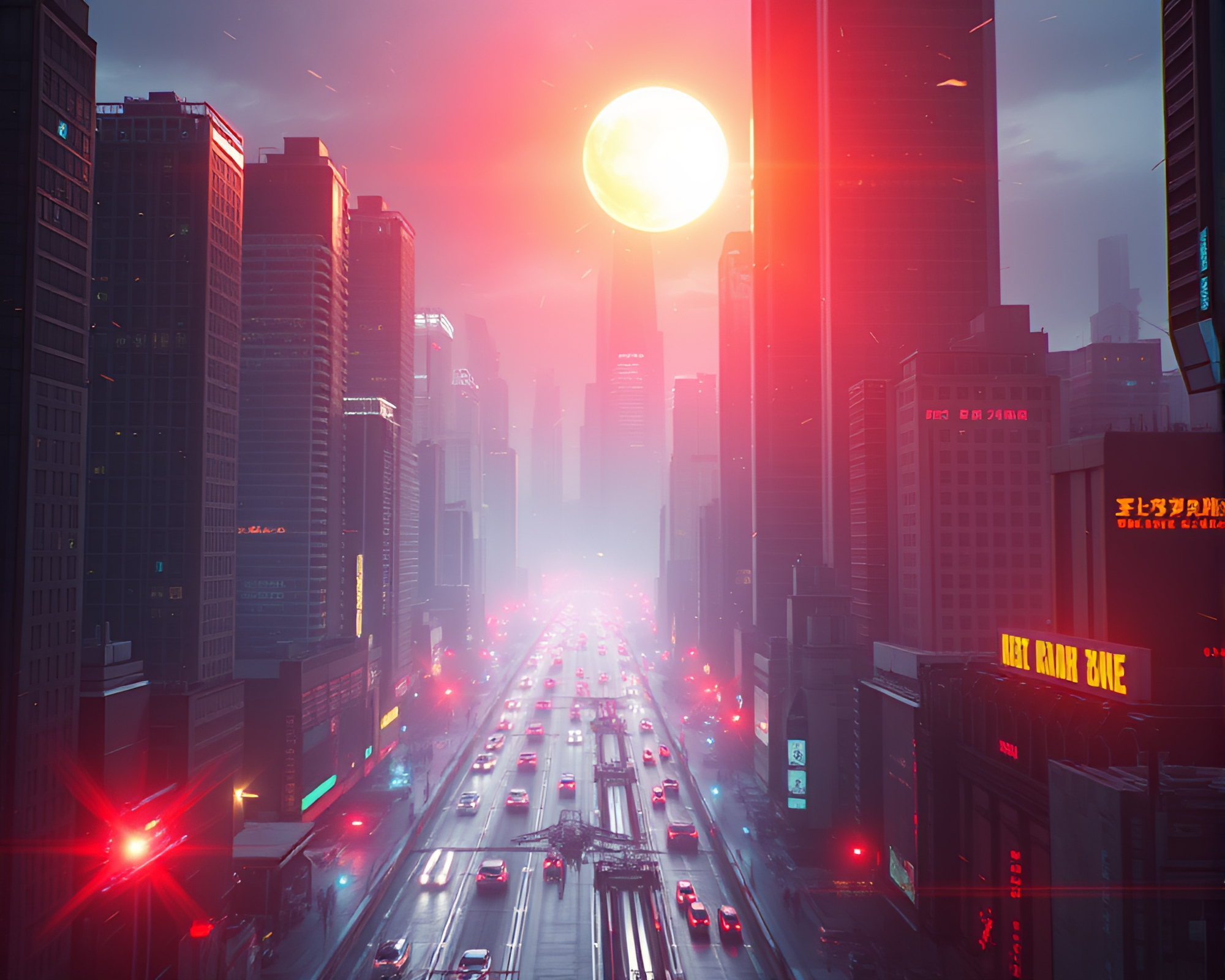 Futuristic Cityscape with Solar Flare Glow – free AI stock image