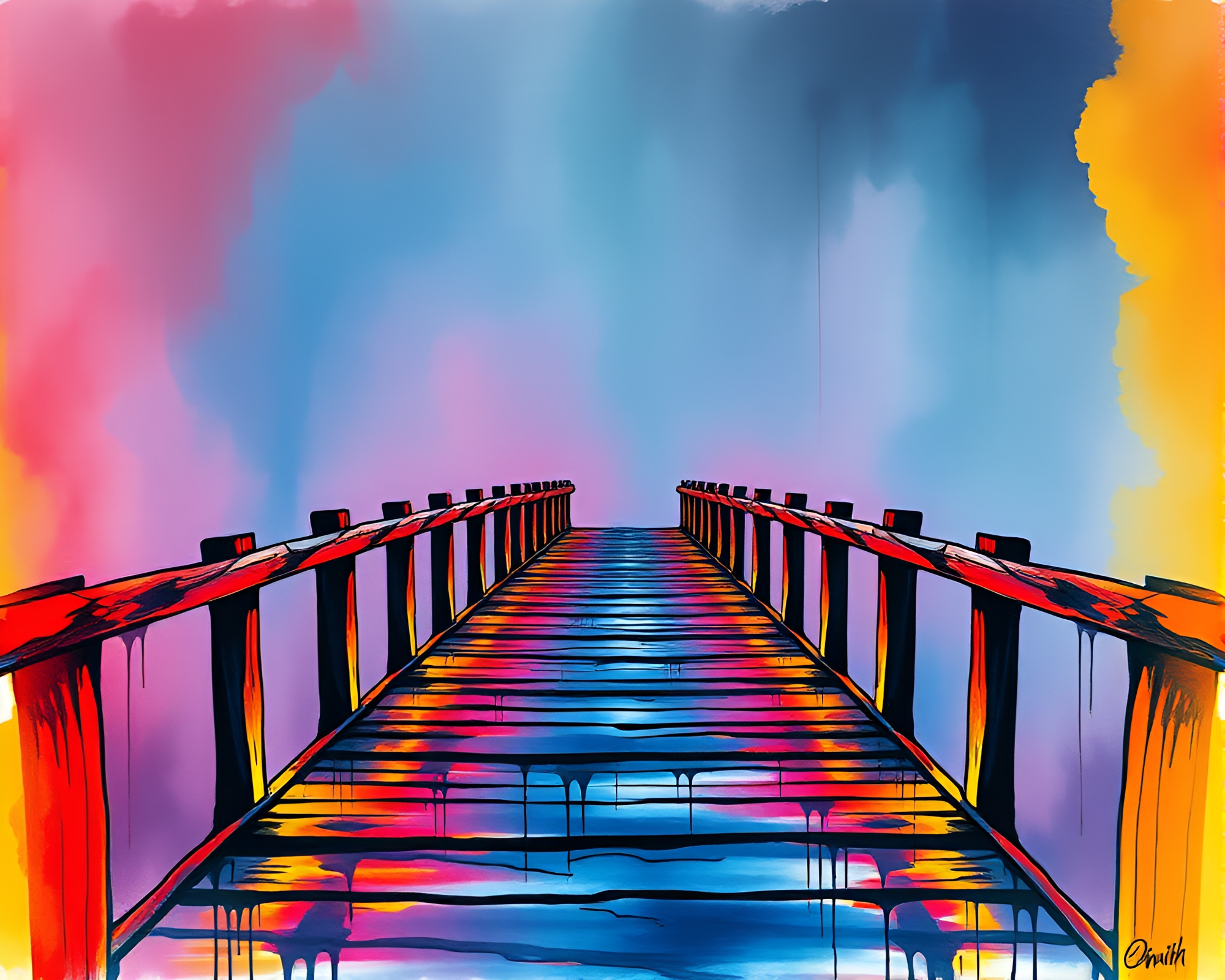 Neon Wooden Bridge in Action Ink Wash Drips – free AI stock image