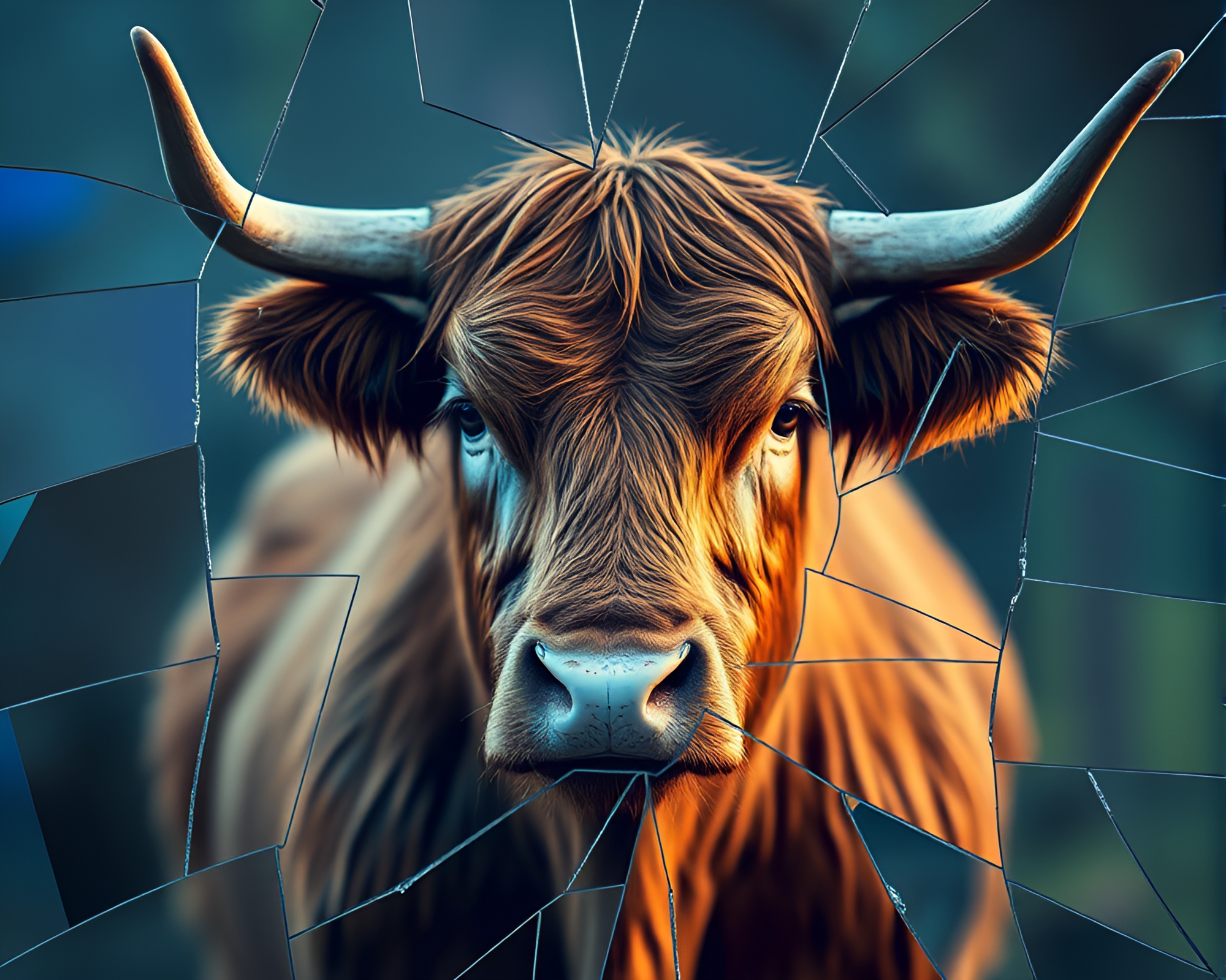 Highland Cow in Broken Glass Hologram Reflection – free AI stock image