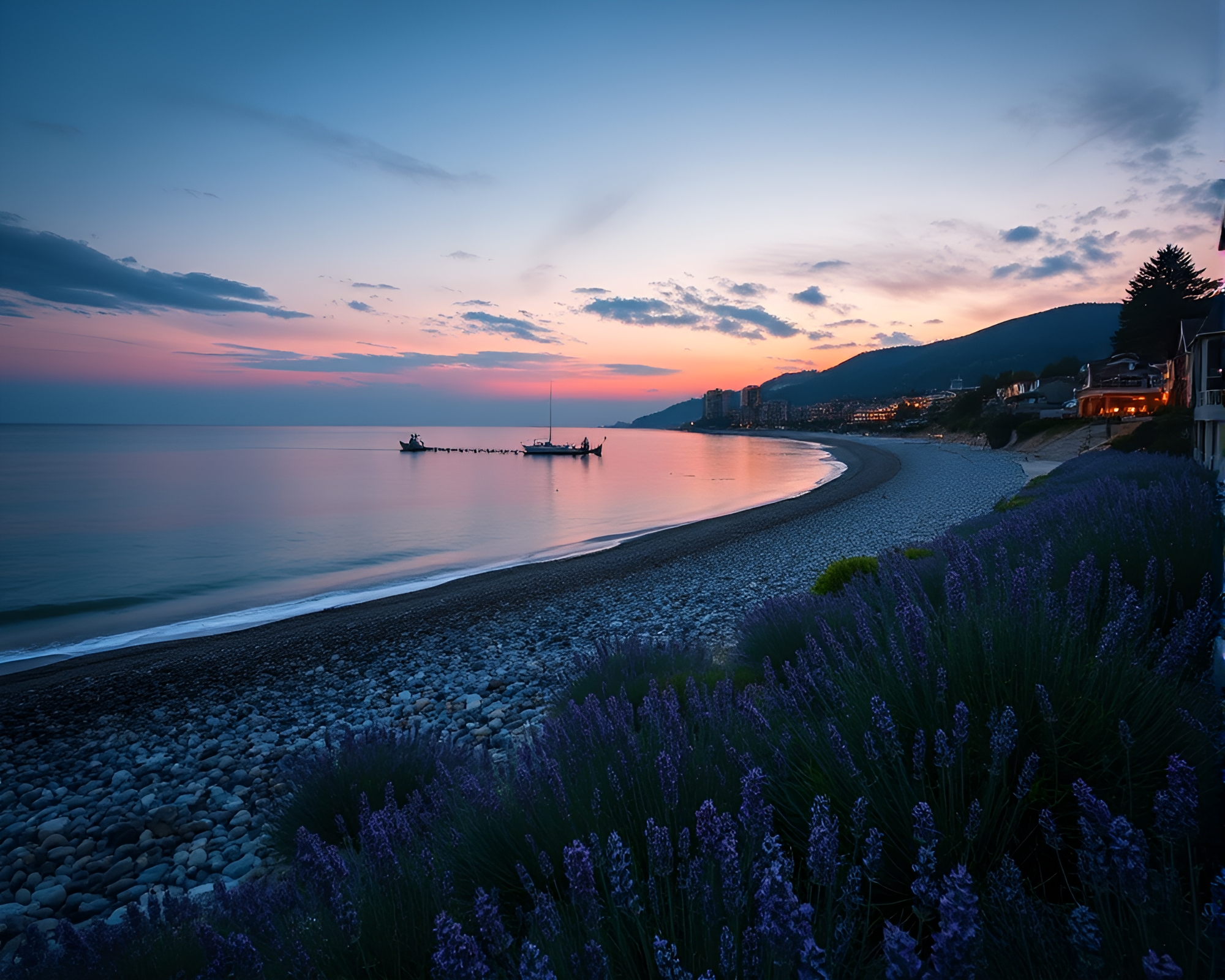 Lavender Twilight on Pebble Beach – free AI stock image