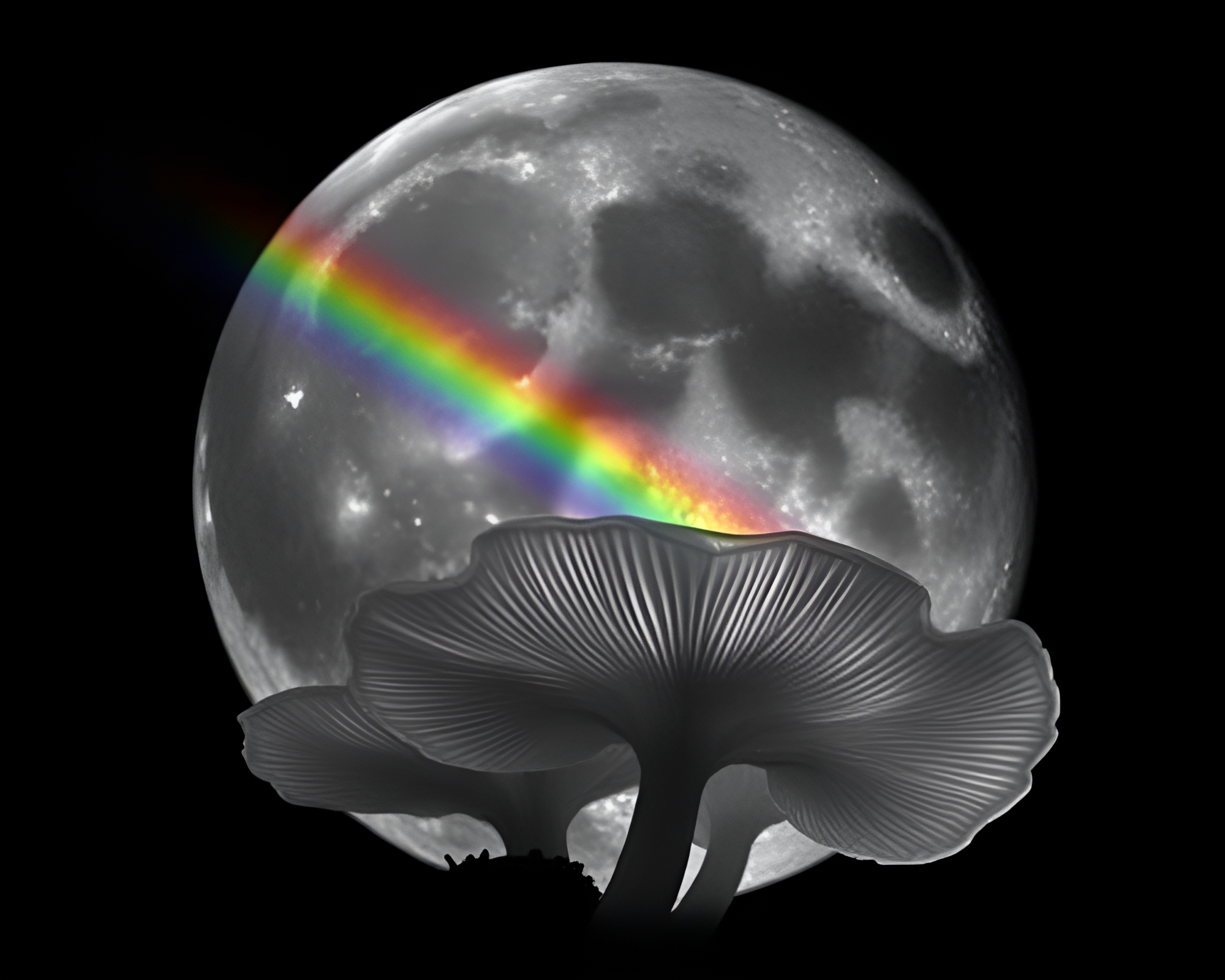 Rainbow Refraction in Lunar Fungal Bioluminescence Data Visualization – free AI stock image