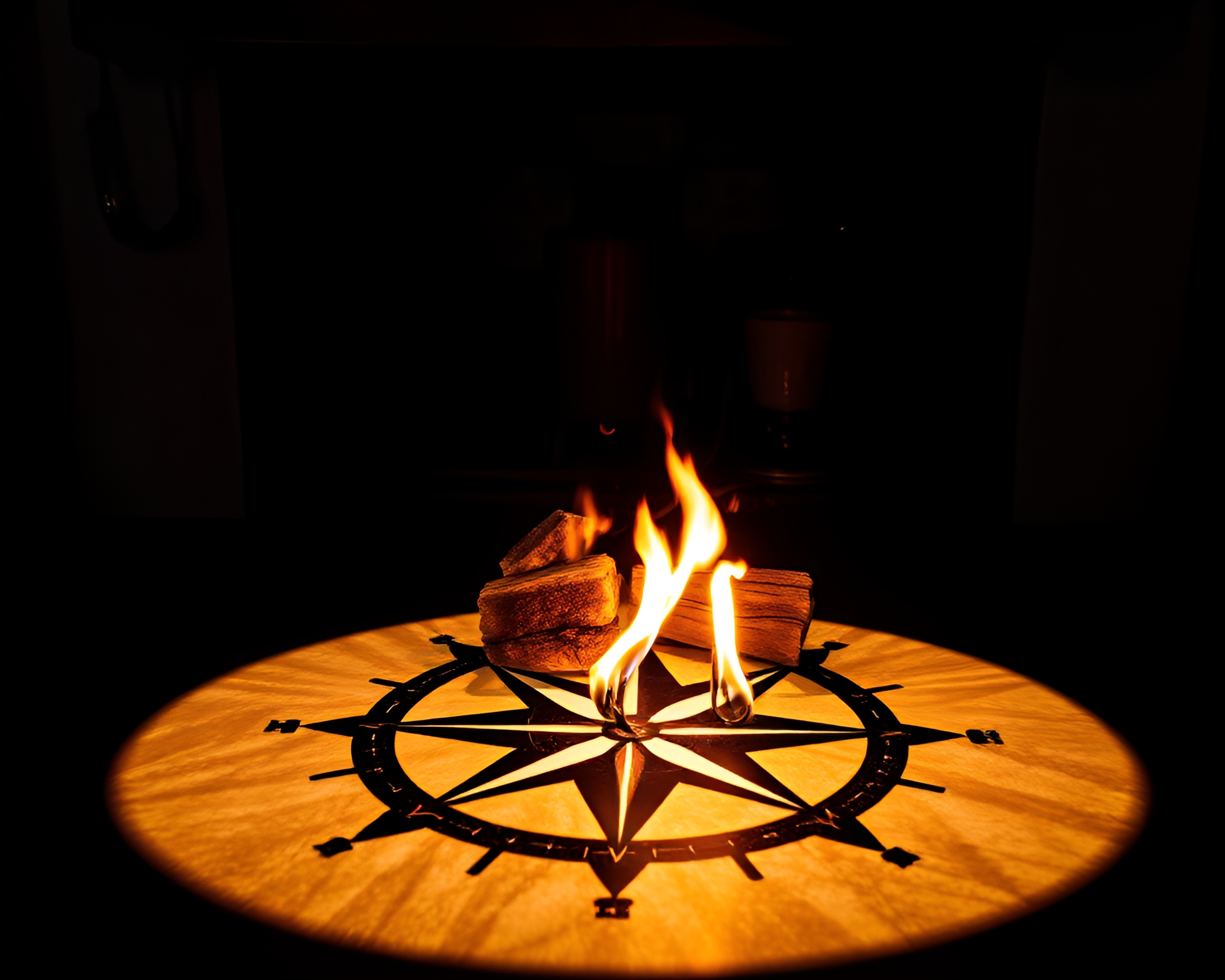 Mystical Compass Shadows by Fireplace – free AI stock image