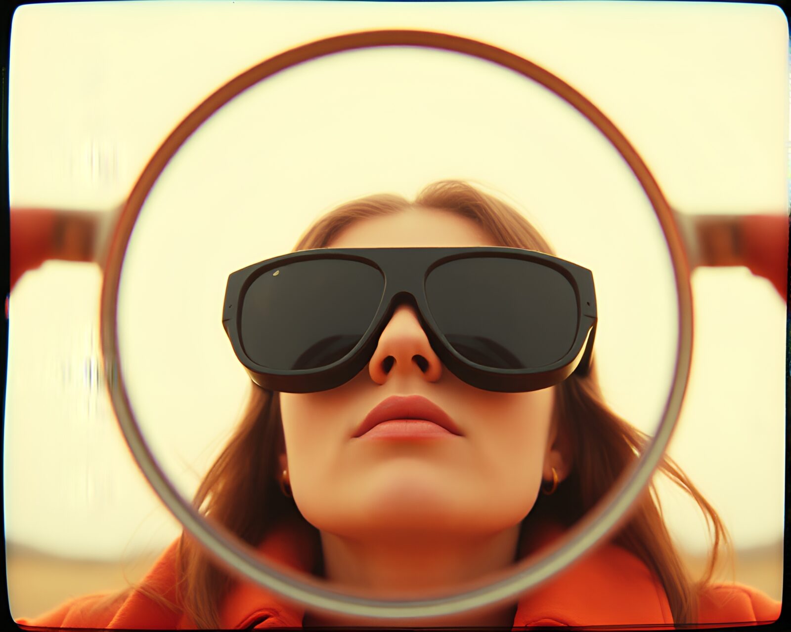Vintage-style frame with high-tech AR glasses in dim light