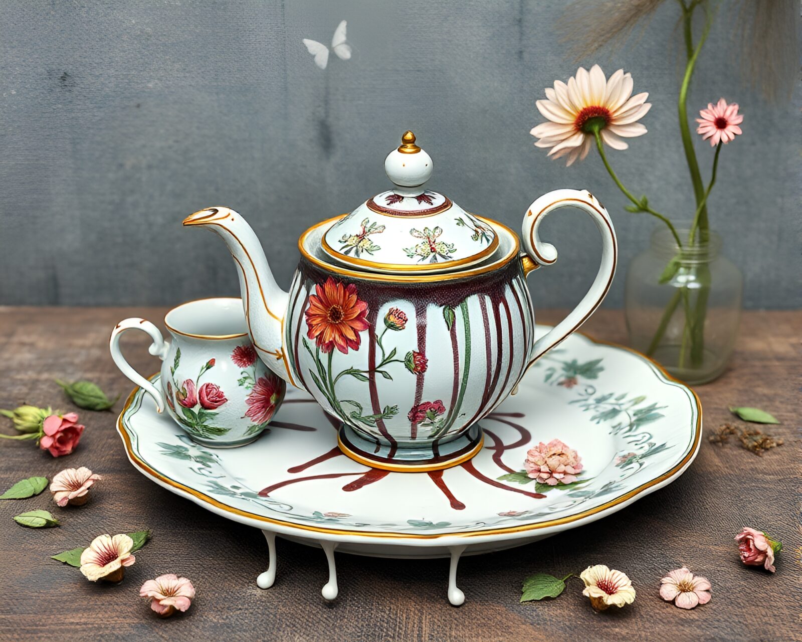 Vintage tea set with floral paint drips on denim backdrop