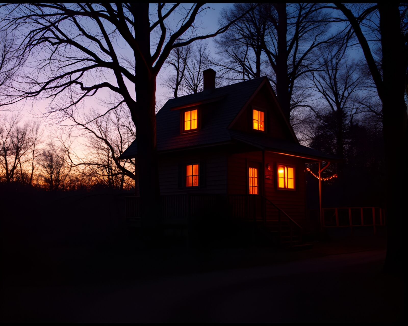 Surreal treehouse engulfed by golden film burn glitching