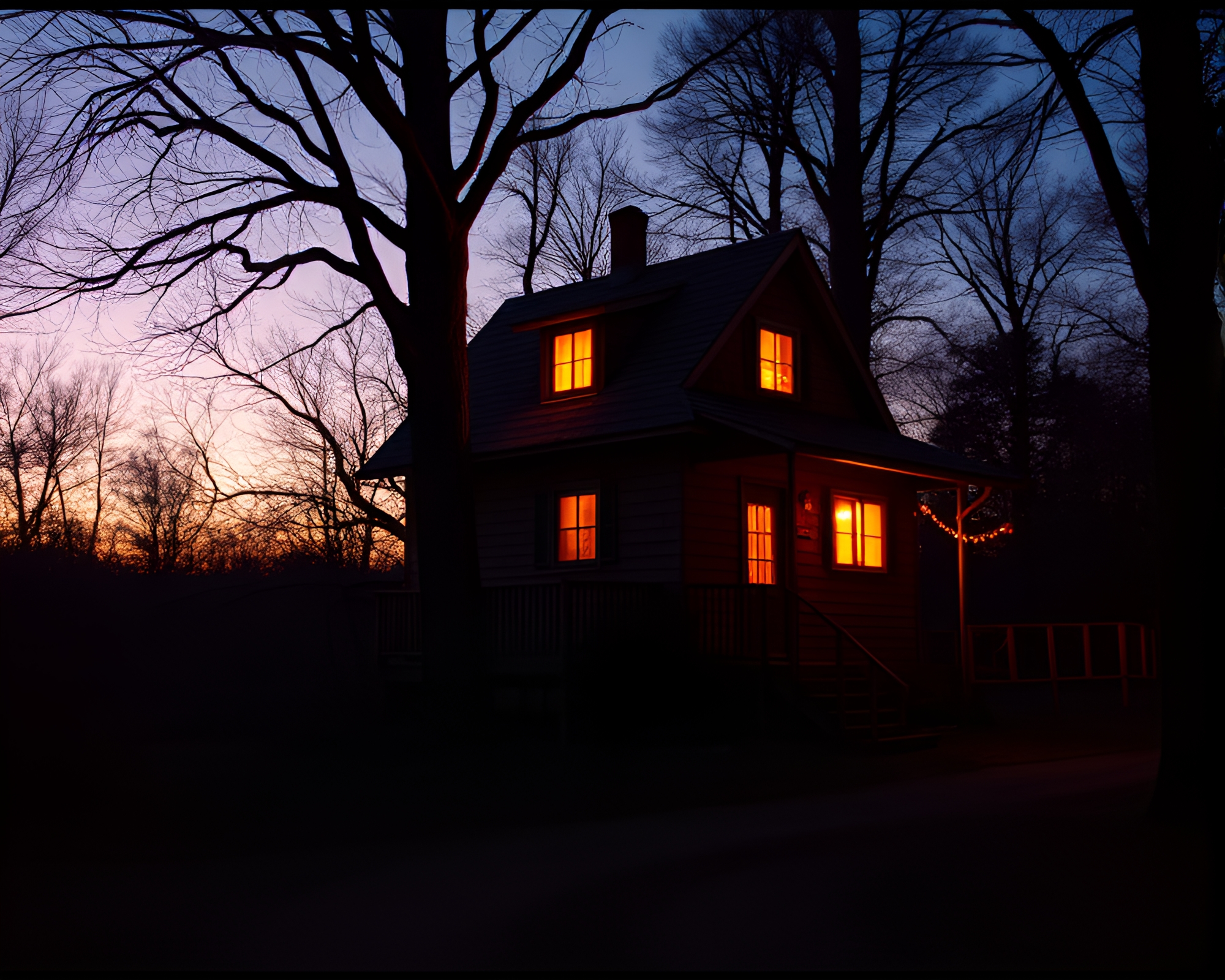 Digital Glitch Treehouse in Golden Hour Film Burn – free AI stock image
