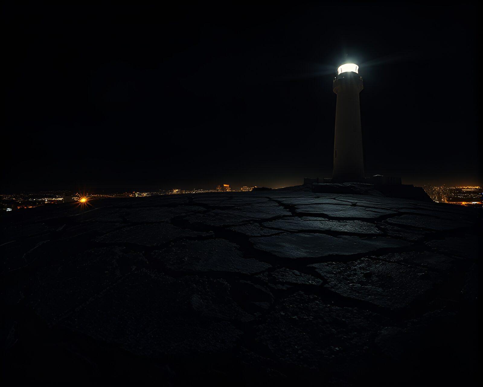 Eerie noir scene with cracked earth and glowing lighthouse