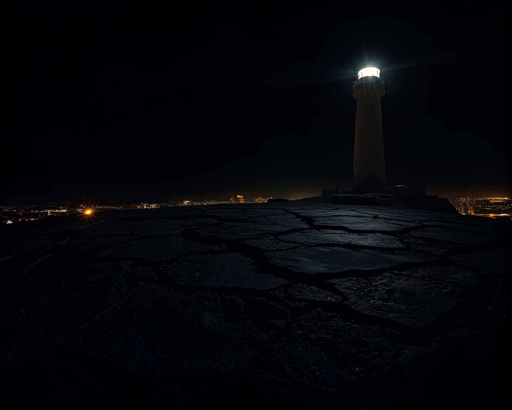 Cracked Earth Lighthouse: Noir City Lights – free AI stock image