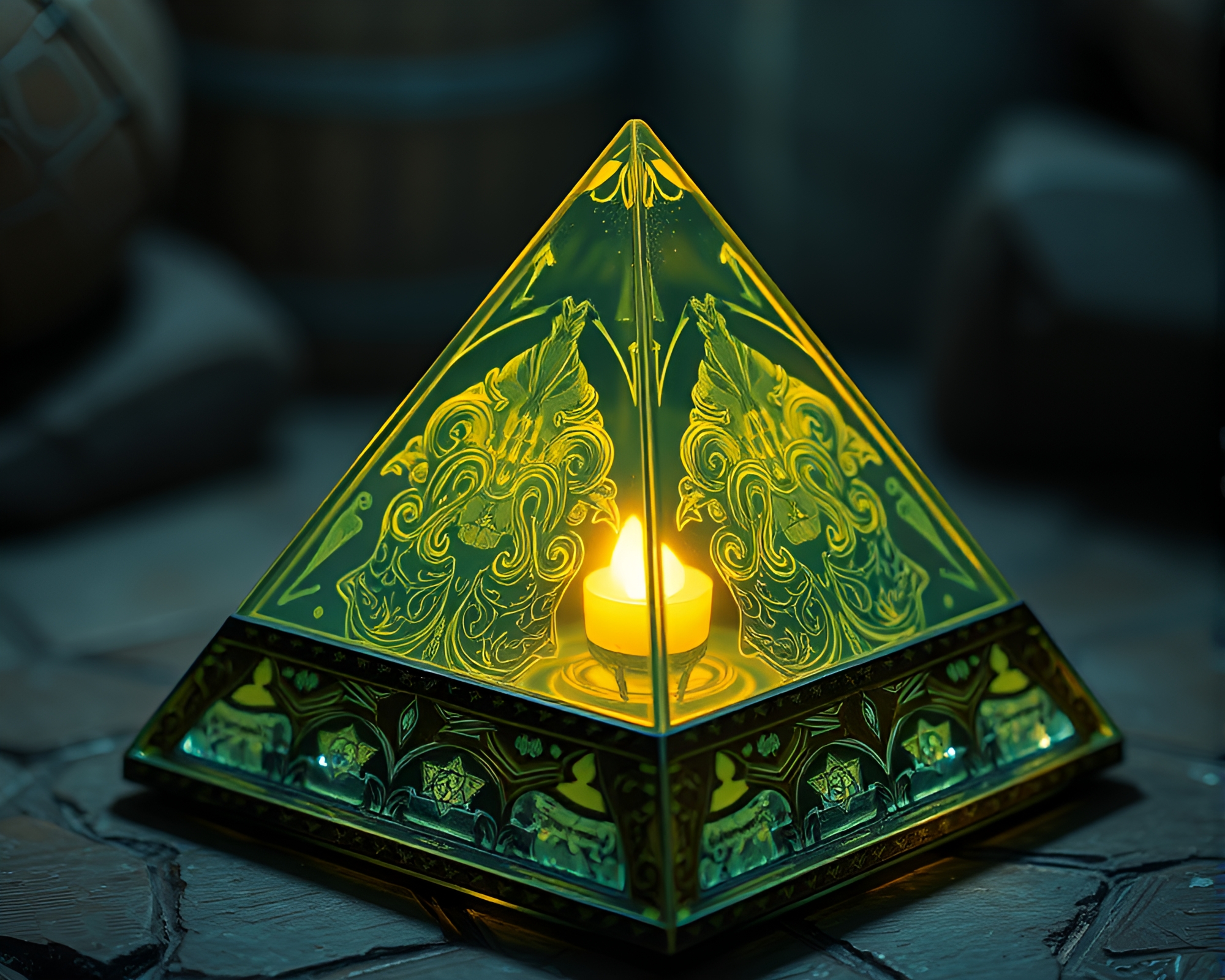 Anime-style Glass Pyramid Engraved in Dungeon Torchlight – free AI stock image