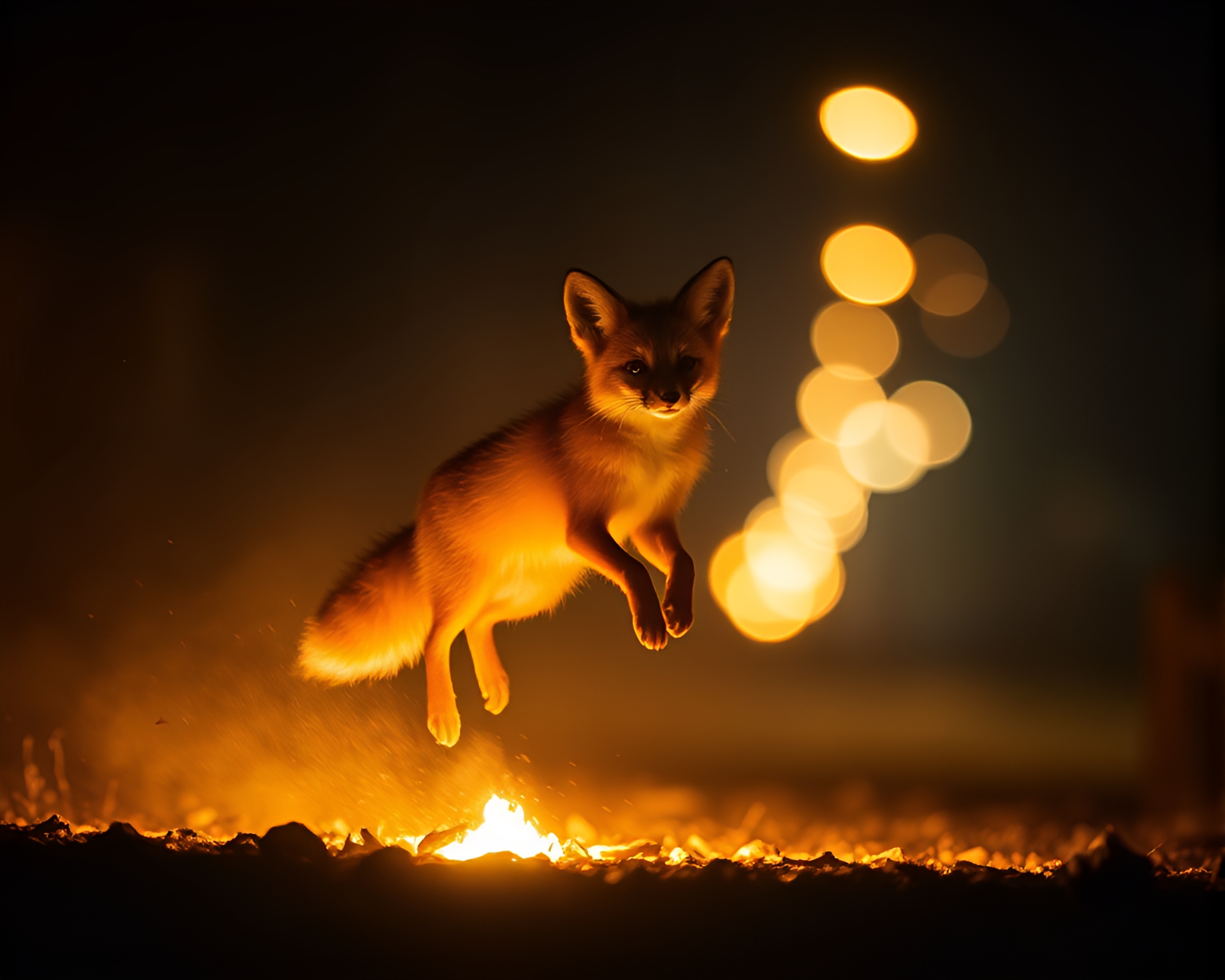 Fennec Fox In Streetlamp’s Glow Amid Floating Embers – free AI stock image