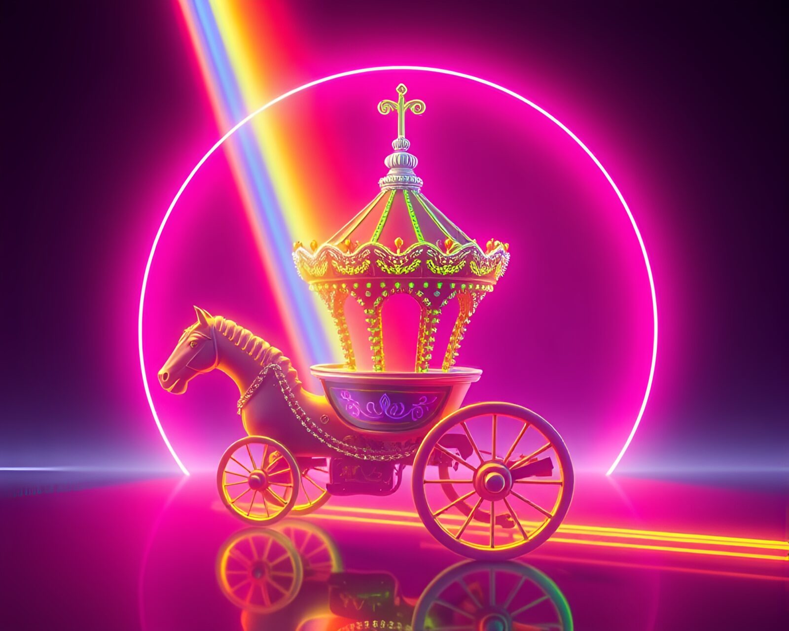 Colorful rainbow refraction with glowing chariot in pixel art