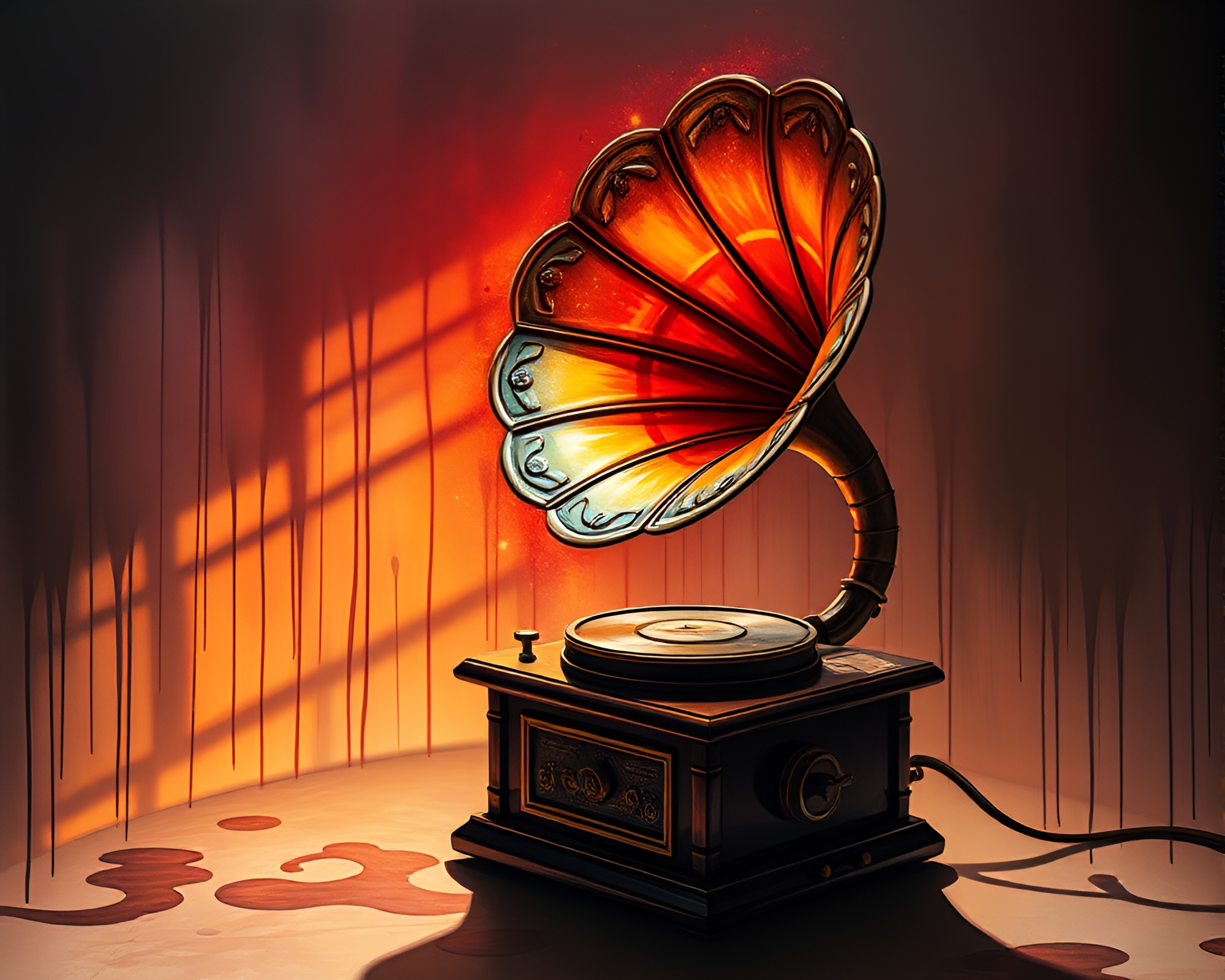 Steampunk Gramophone with Fiber Optics in Eclipse Shadow – free AI stock image