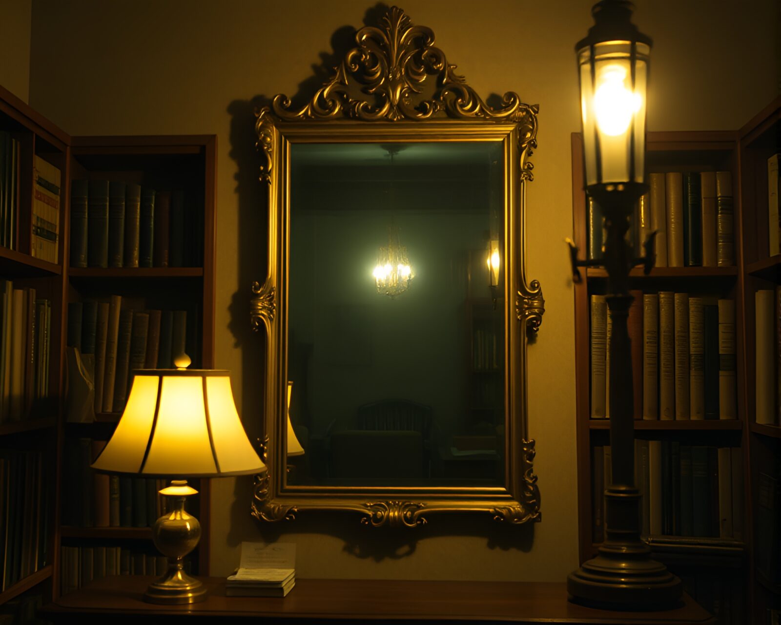 Medium shot of ghostly figure in glitchy haunted mirror