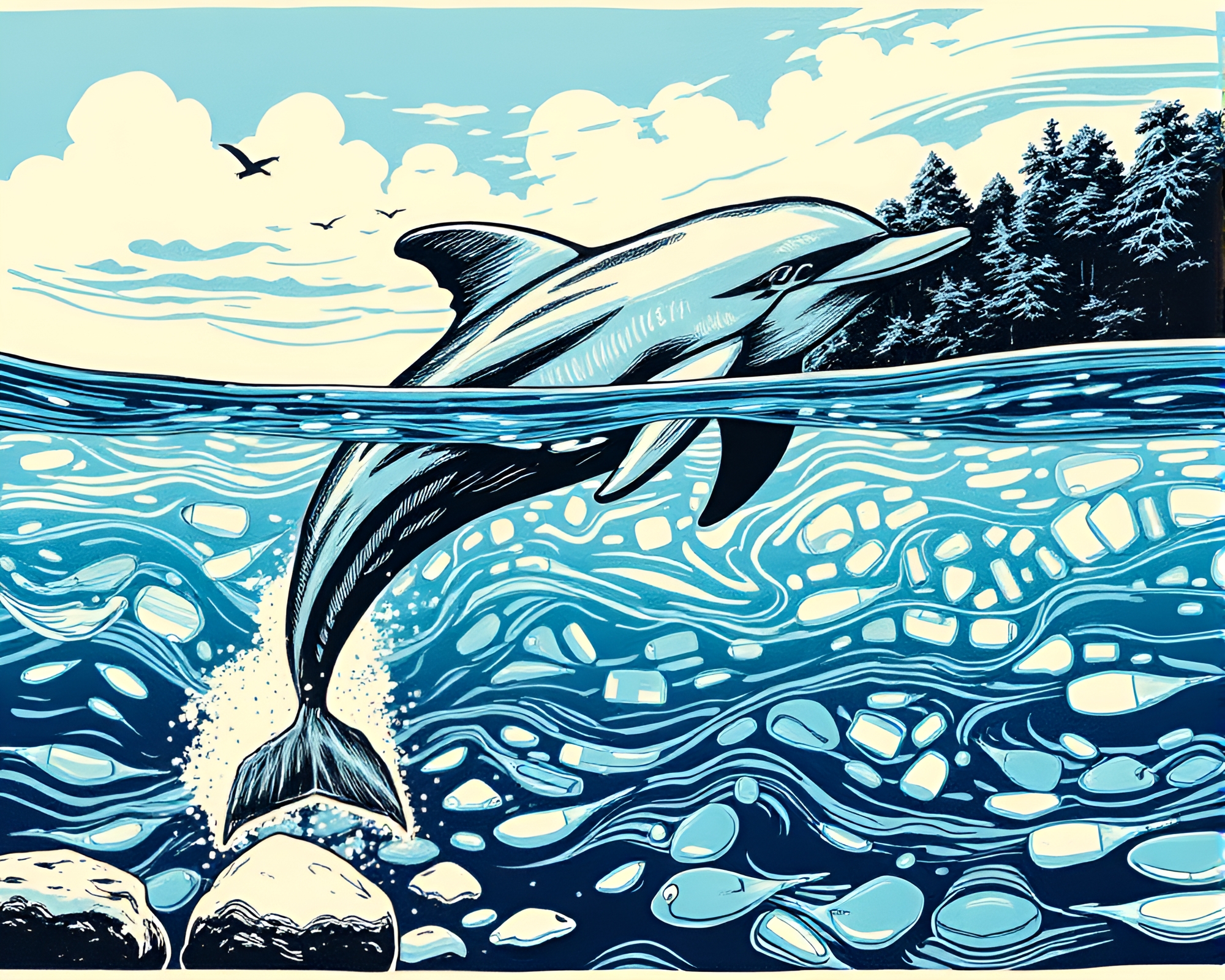 Amazon River Dolphin in Linocut Print Style – free AI stock image