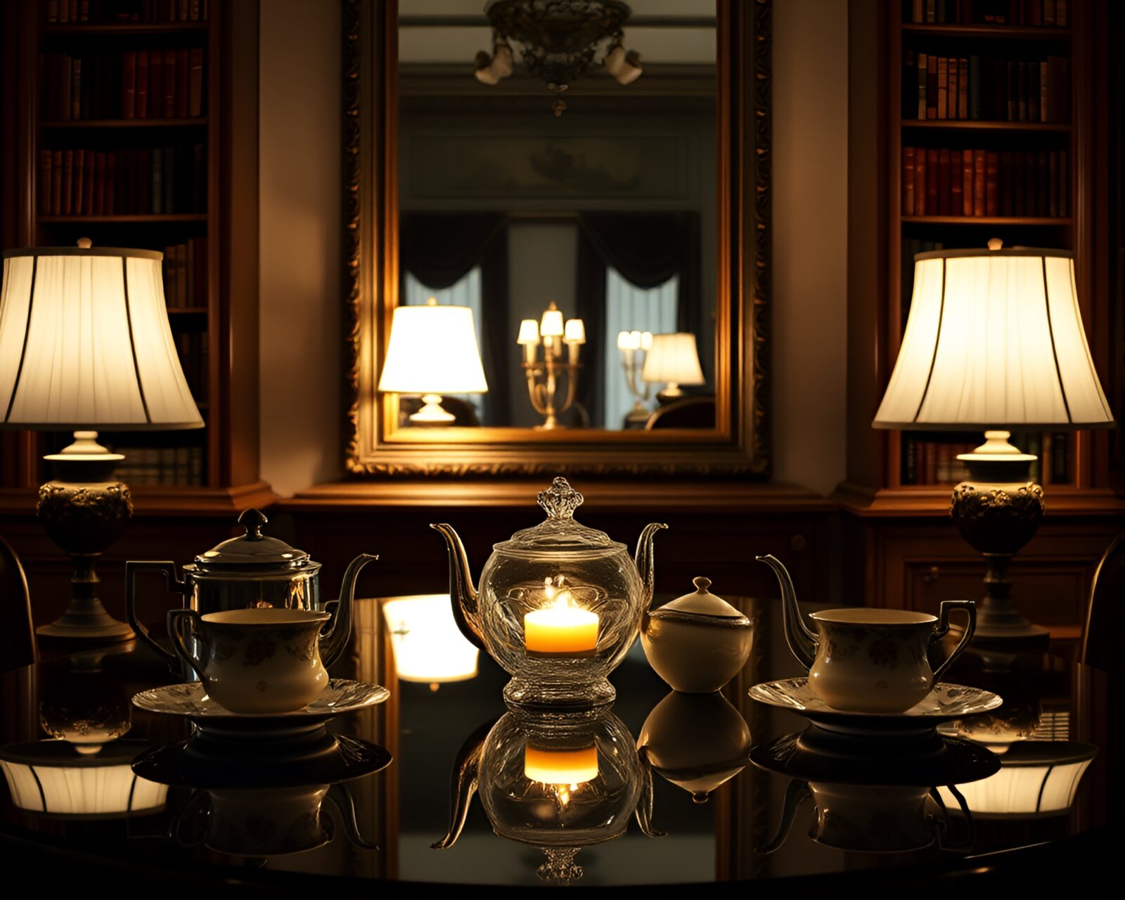Elegant tea set mirroring in soft lamp glow