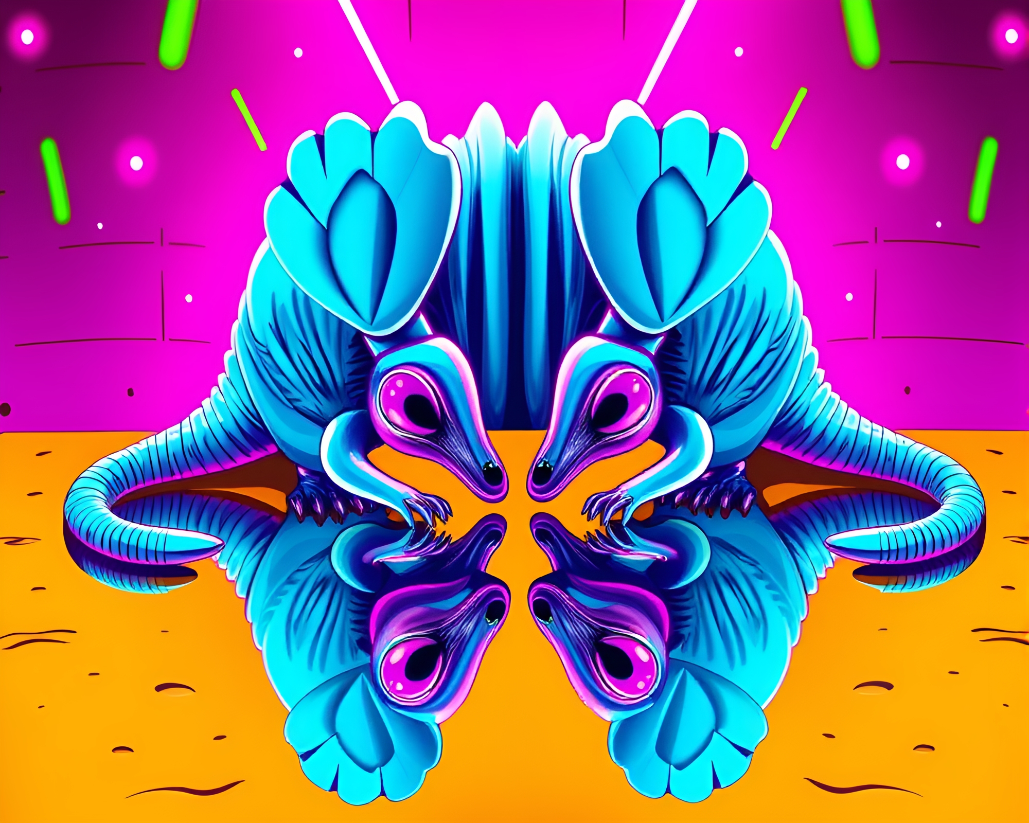 Neon Armadillo Mirror Symmetry Graffiti Cartoon Artwork – free AI stock image