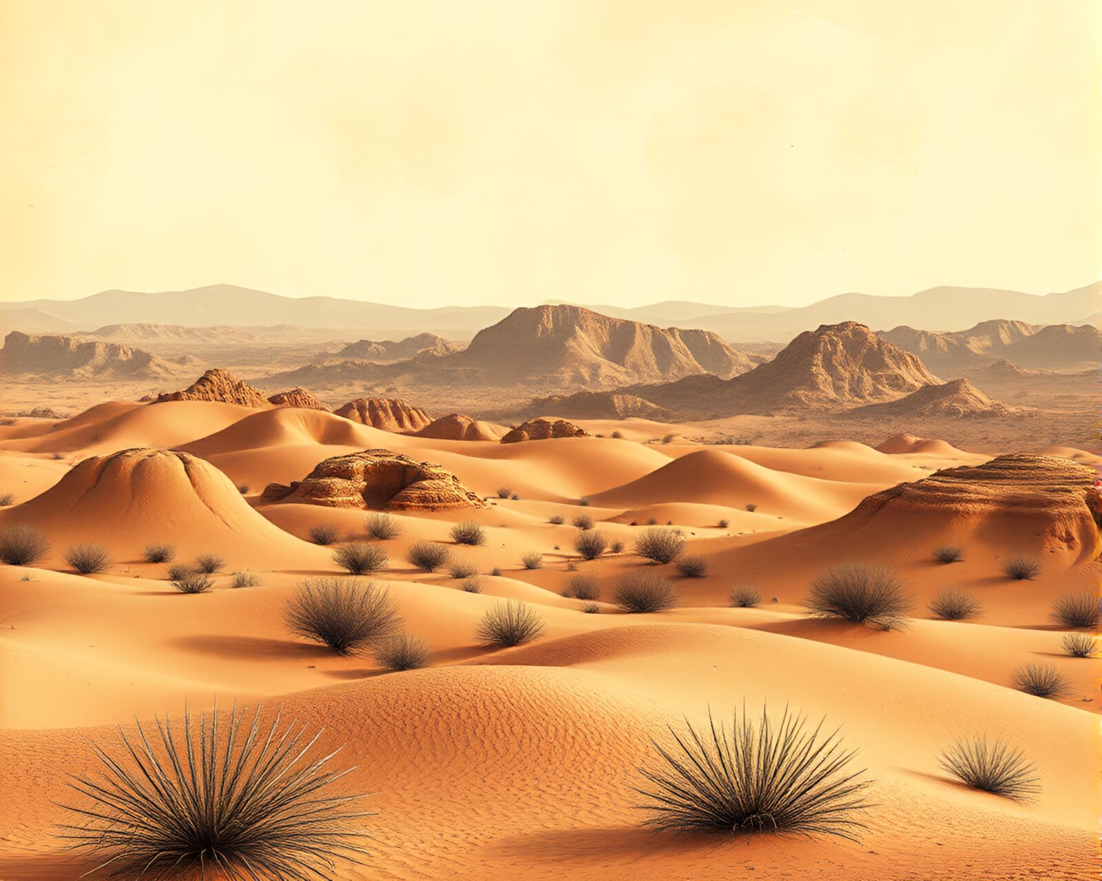 Abstract engraving of geometric desert mirage in washed-out colors