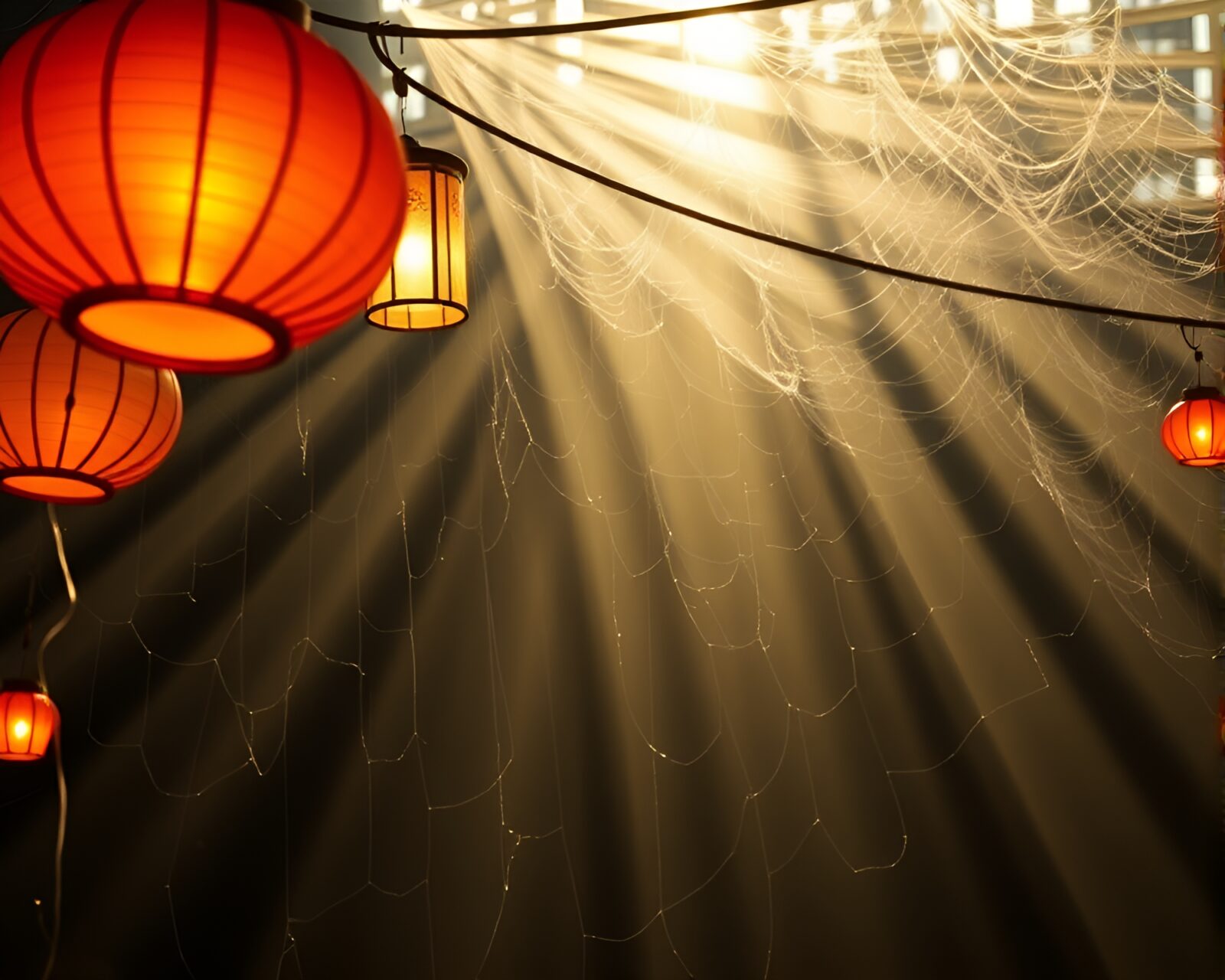 Floating lanterns entangled in shimmering cobwebs under sunbeams