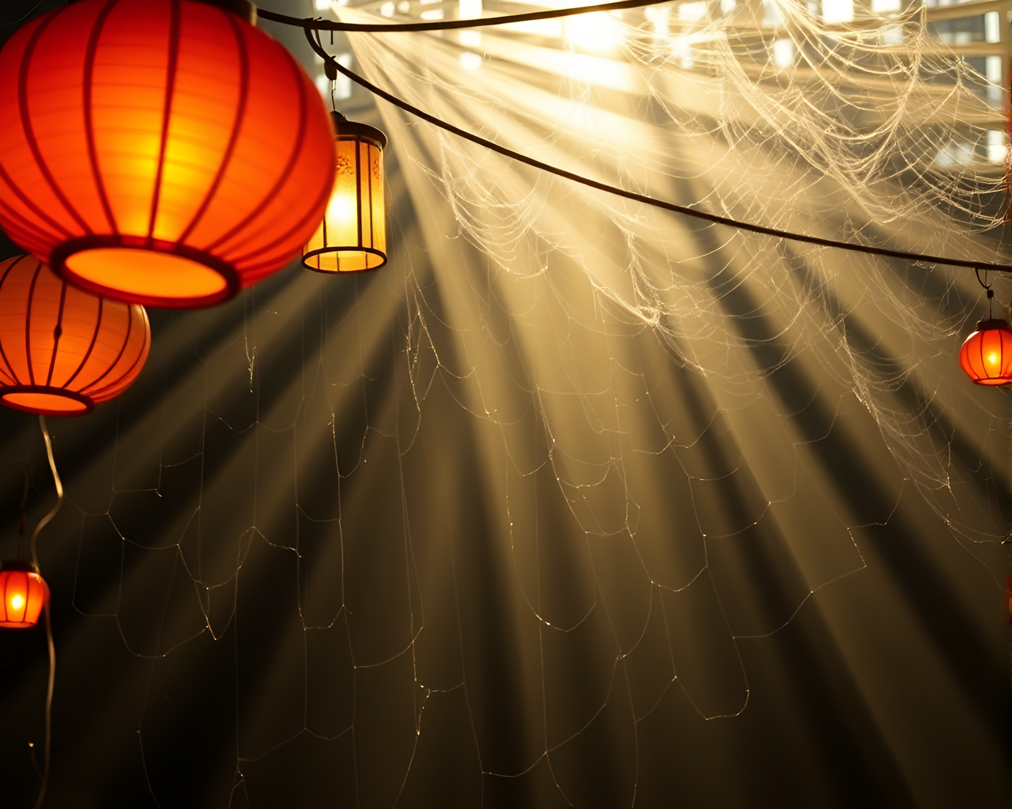 Ethereal Lanterns Amidst Intricate Cobweb Strands – free AI stock image