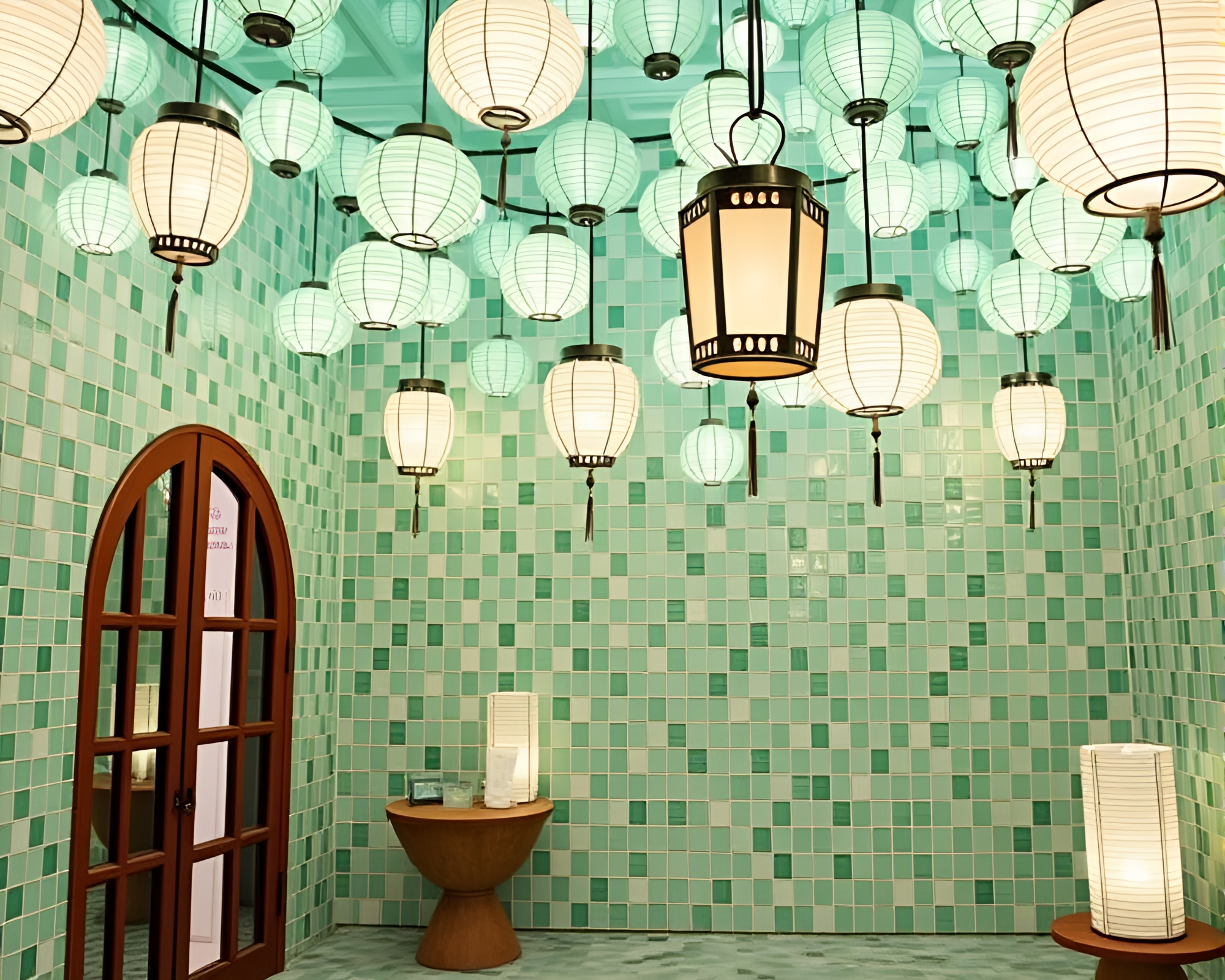 Mint Green Lantern Mosaic with Spotlight Glow – free AI stock image