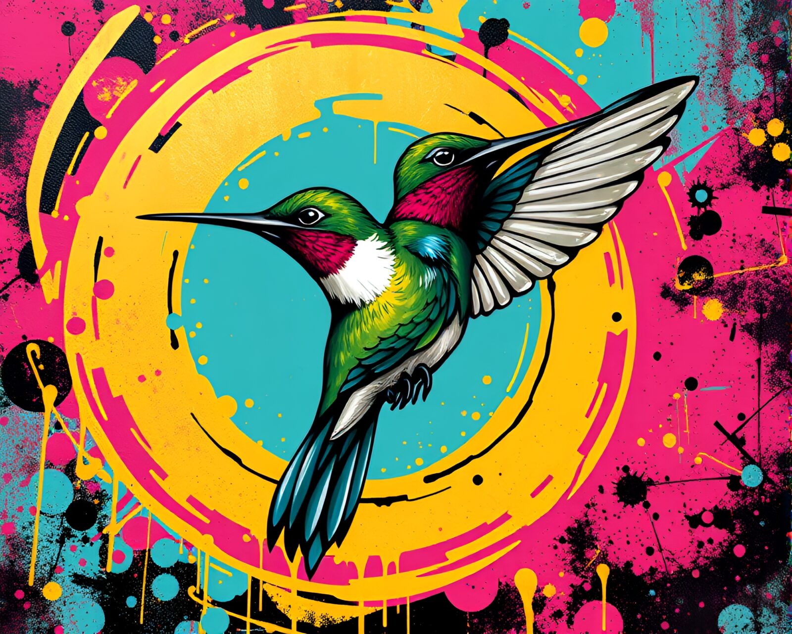 Colorful graffiti-style hummingbird in spiral design under street lights
