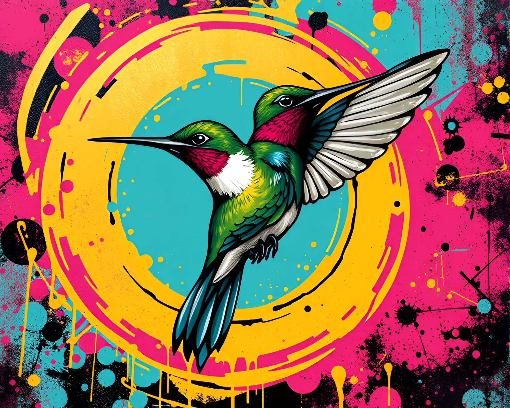 Vibrant Pop Art Hummingbird in Golden Spiral Composition – free AI stock image
