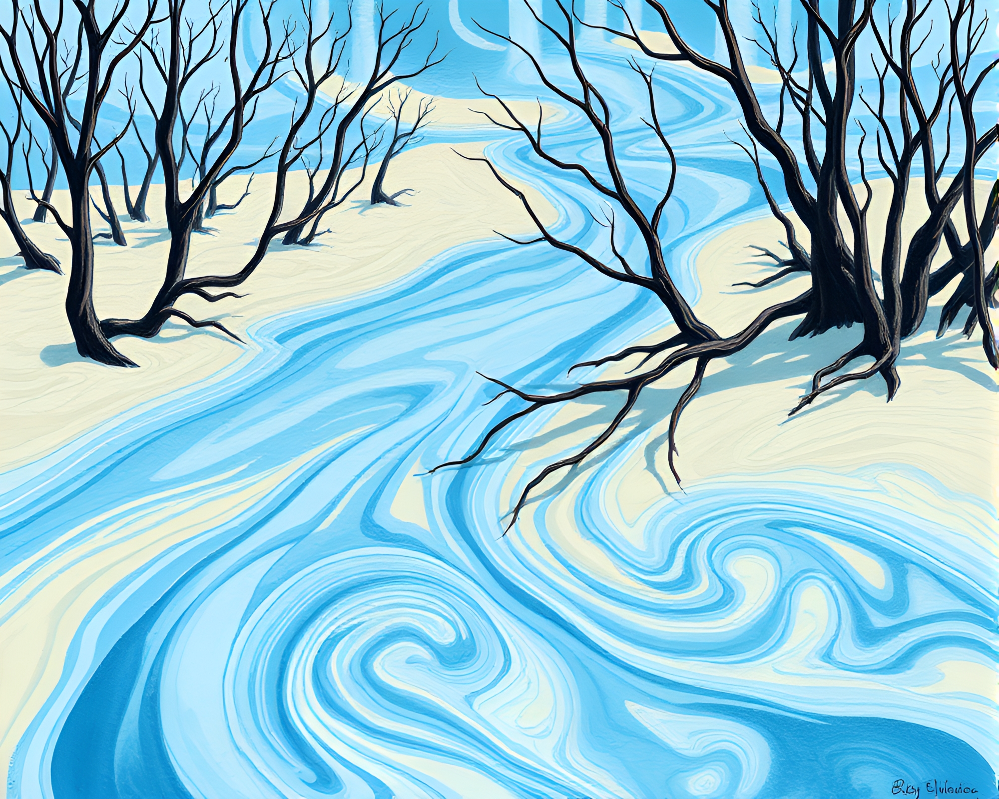 Mangrove Swirls: Ice-Blue Gouache Painting – free AI stock image