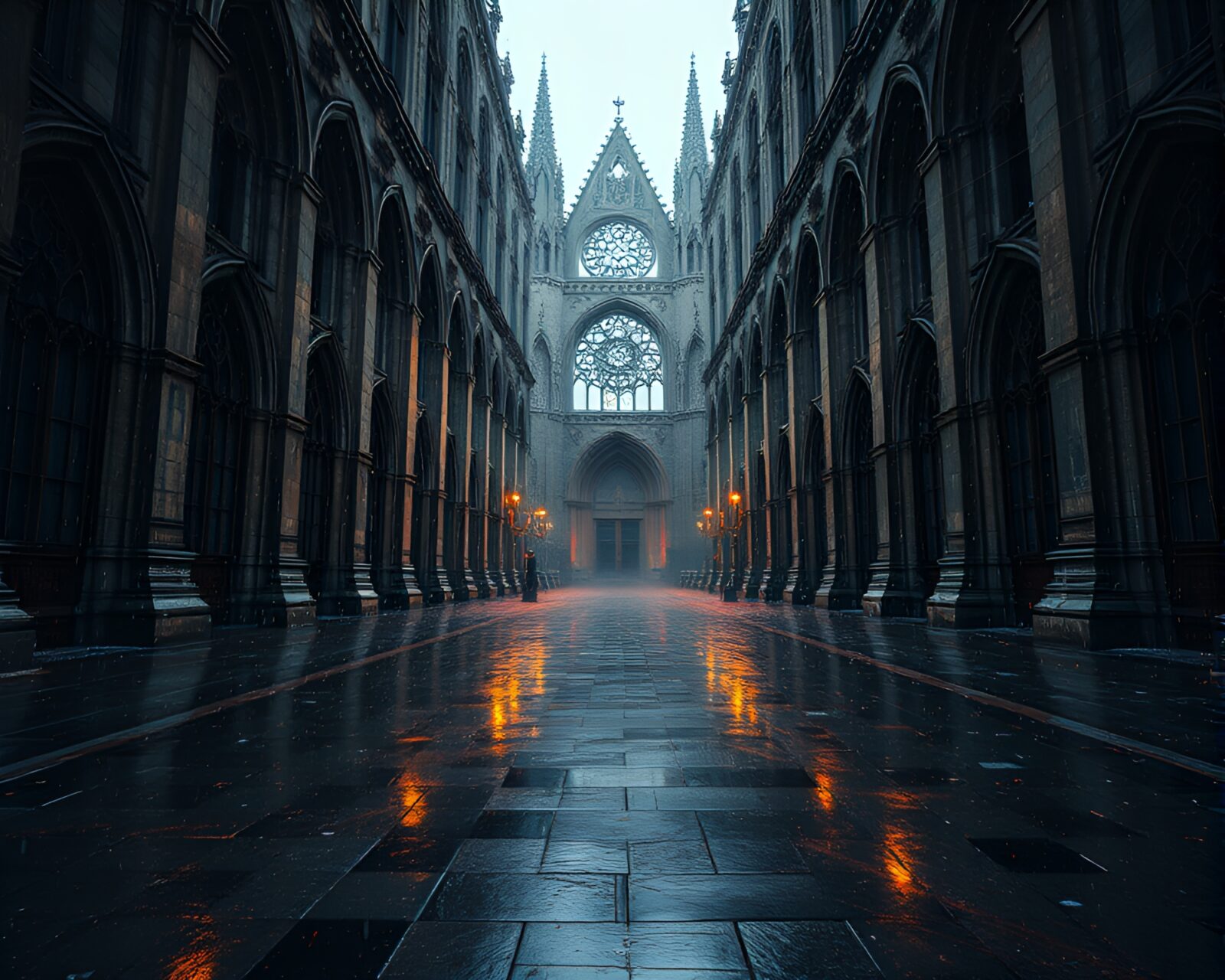 Wet pavement mirroring majestic Gothic cathedral amidst dust motes
