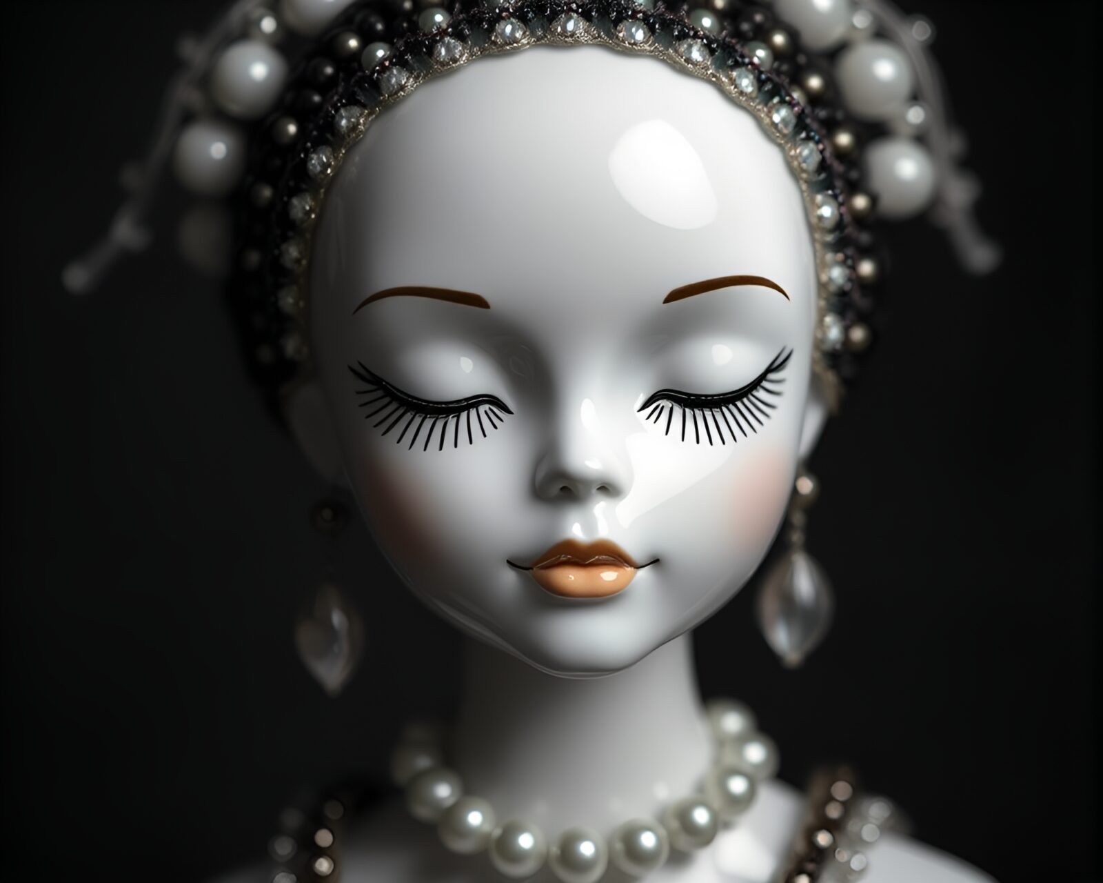 Delicate porcelain doll with beadwork details under shimmering light
