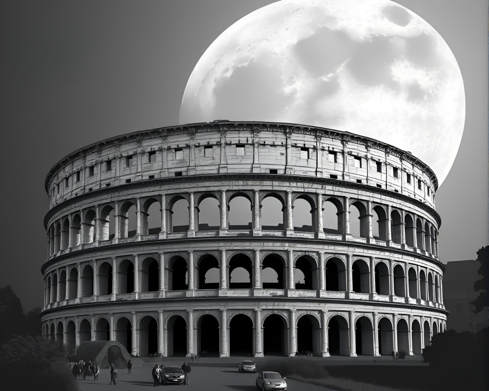 Flat design image of a lunar grayscale coliseum