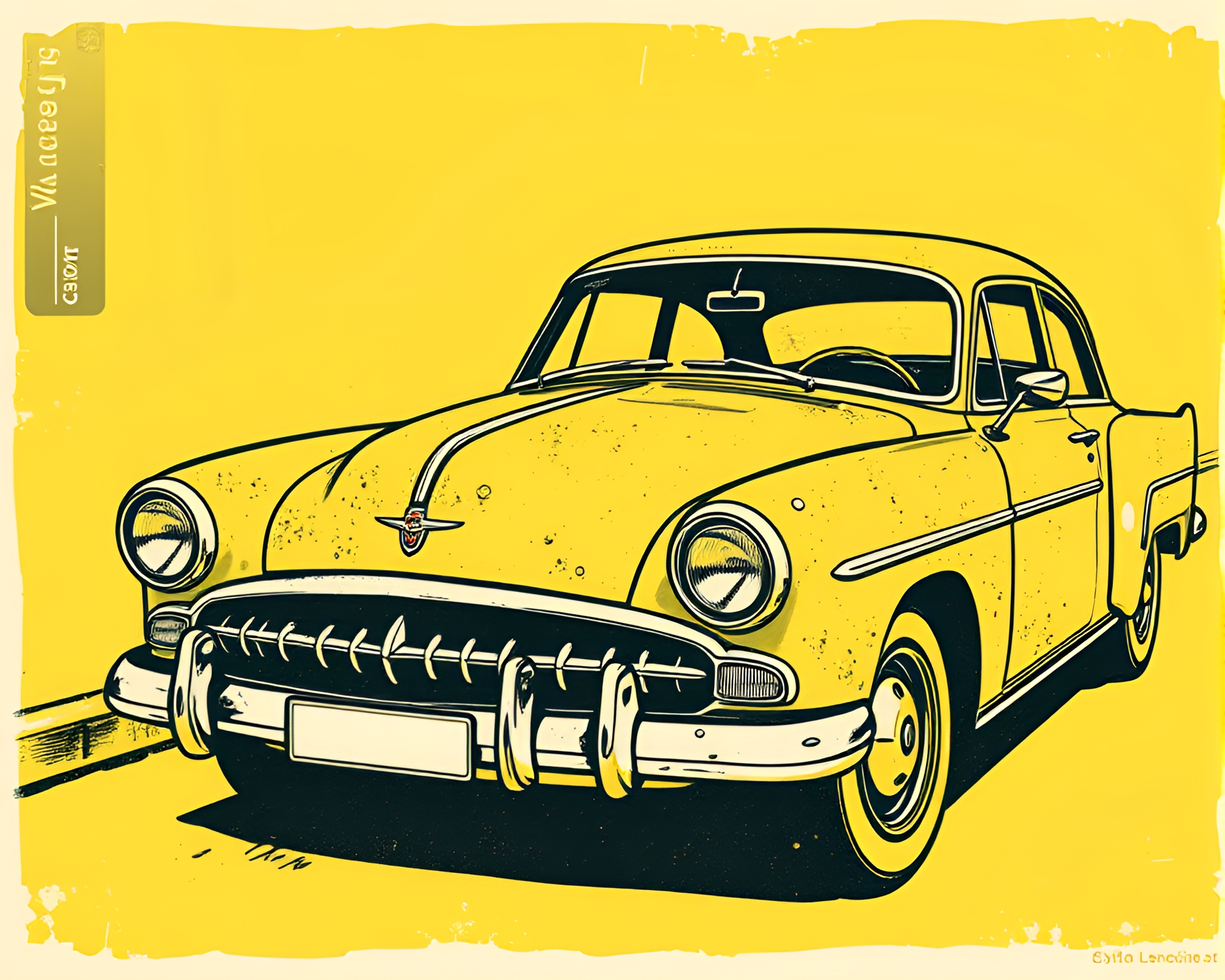 Vintage Car Manga Linocut Lemon Yellow Scene – free AI stock image