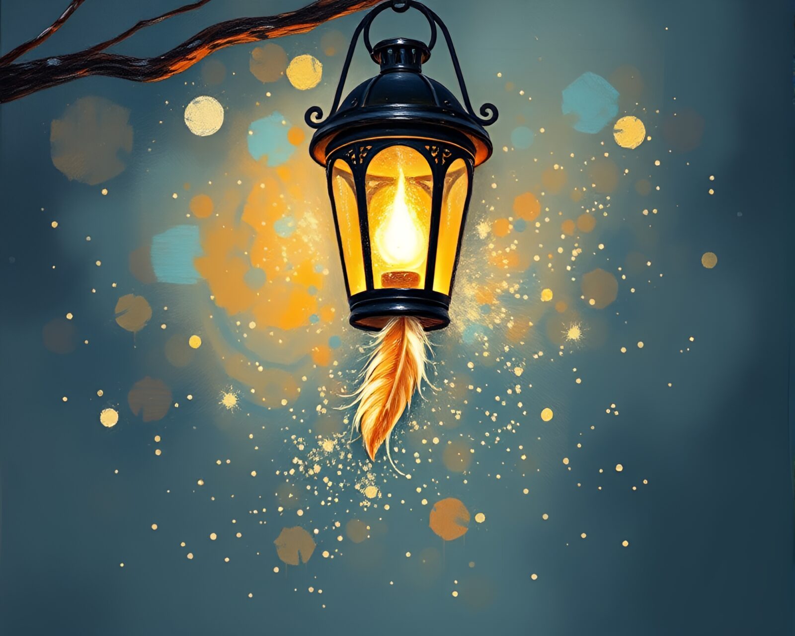 Expressionist painting of feather dusting under radiant lantern light