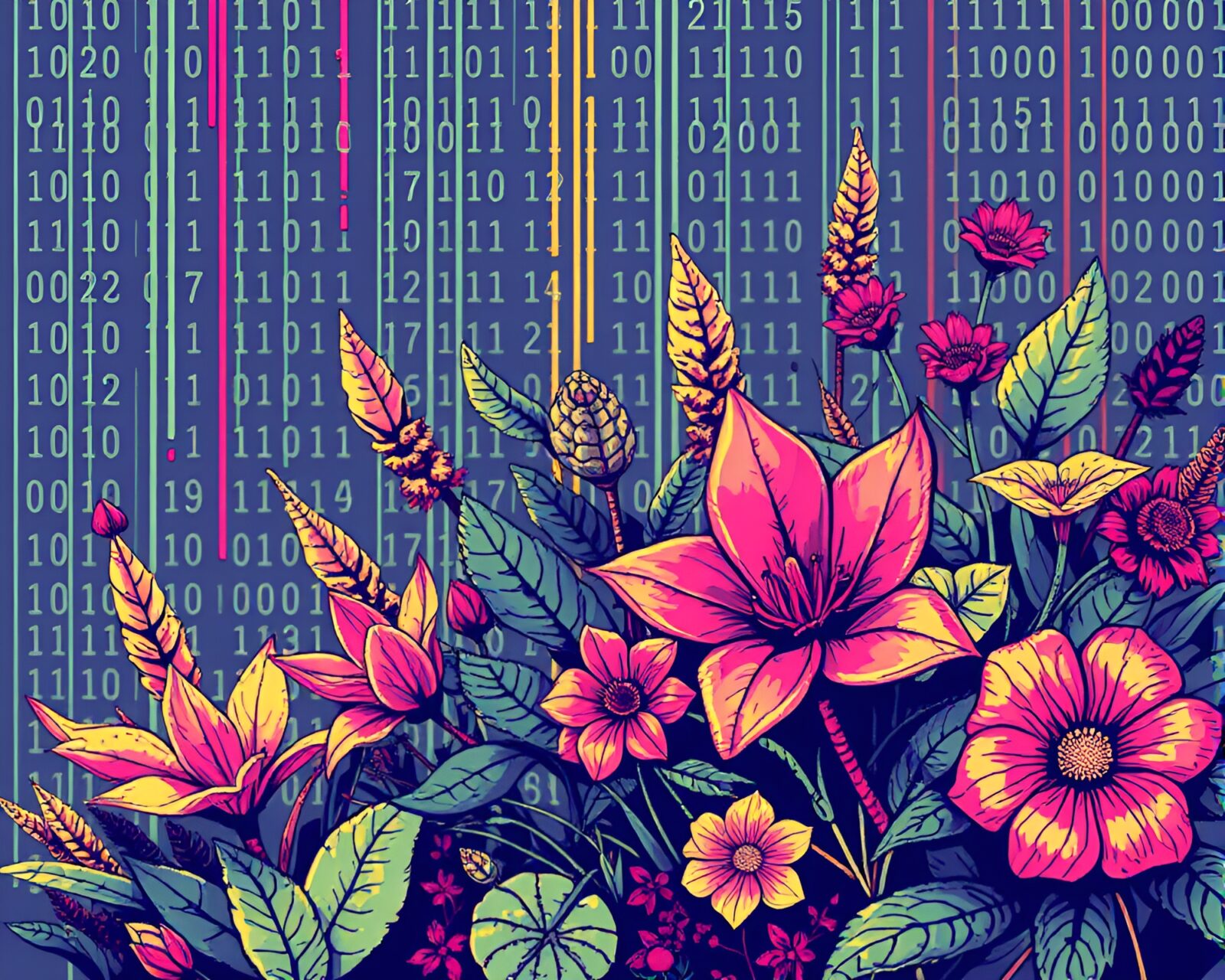 Vibrant graffiti-inspired botanical illustration with binary code overlay