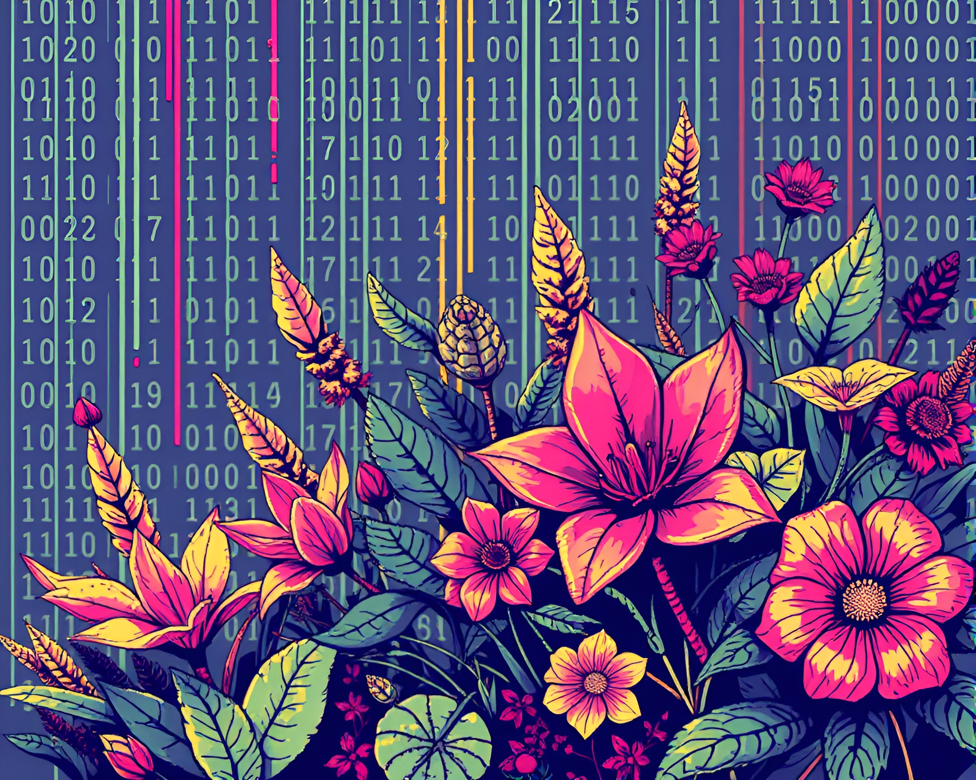 Binary Botanical Pixelation: Urban Oasis Graffiti – free AI stock image
