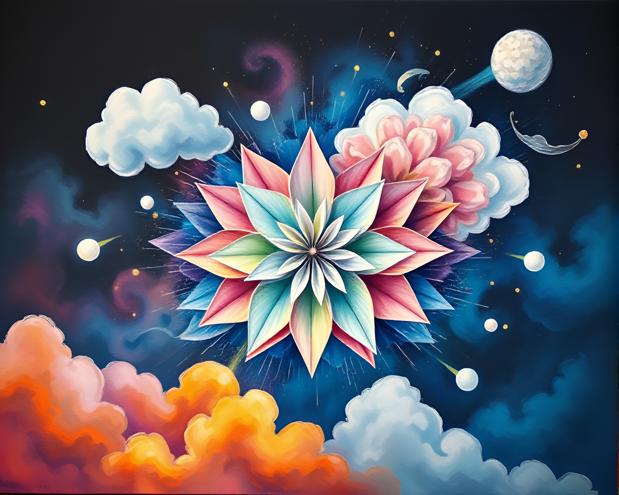 Explosive Origami Symphony in Pastel Planetary Universe – free AI stock image