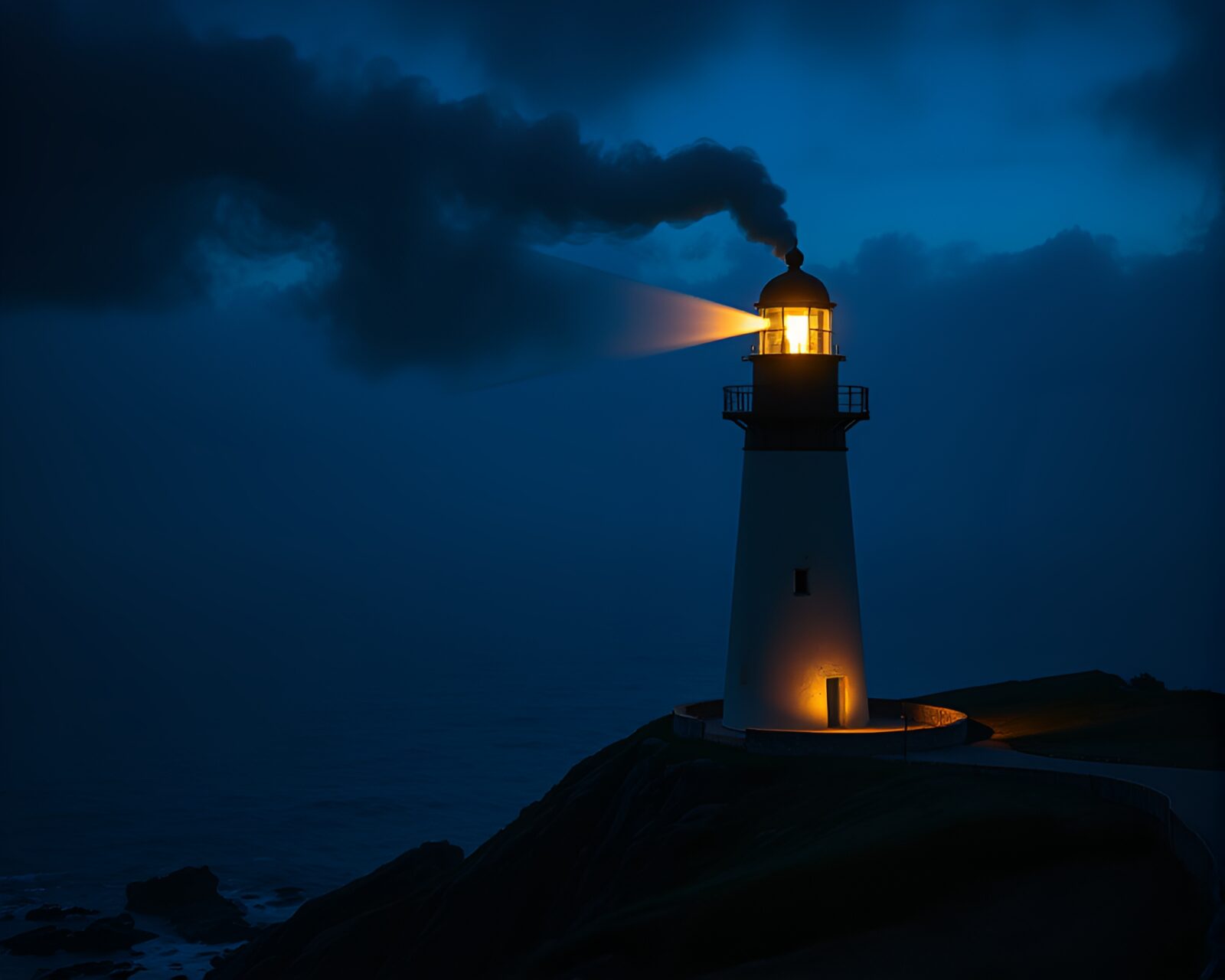 Mysterious scene of smoke and lighthouse in candlelight on cliffs
