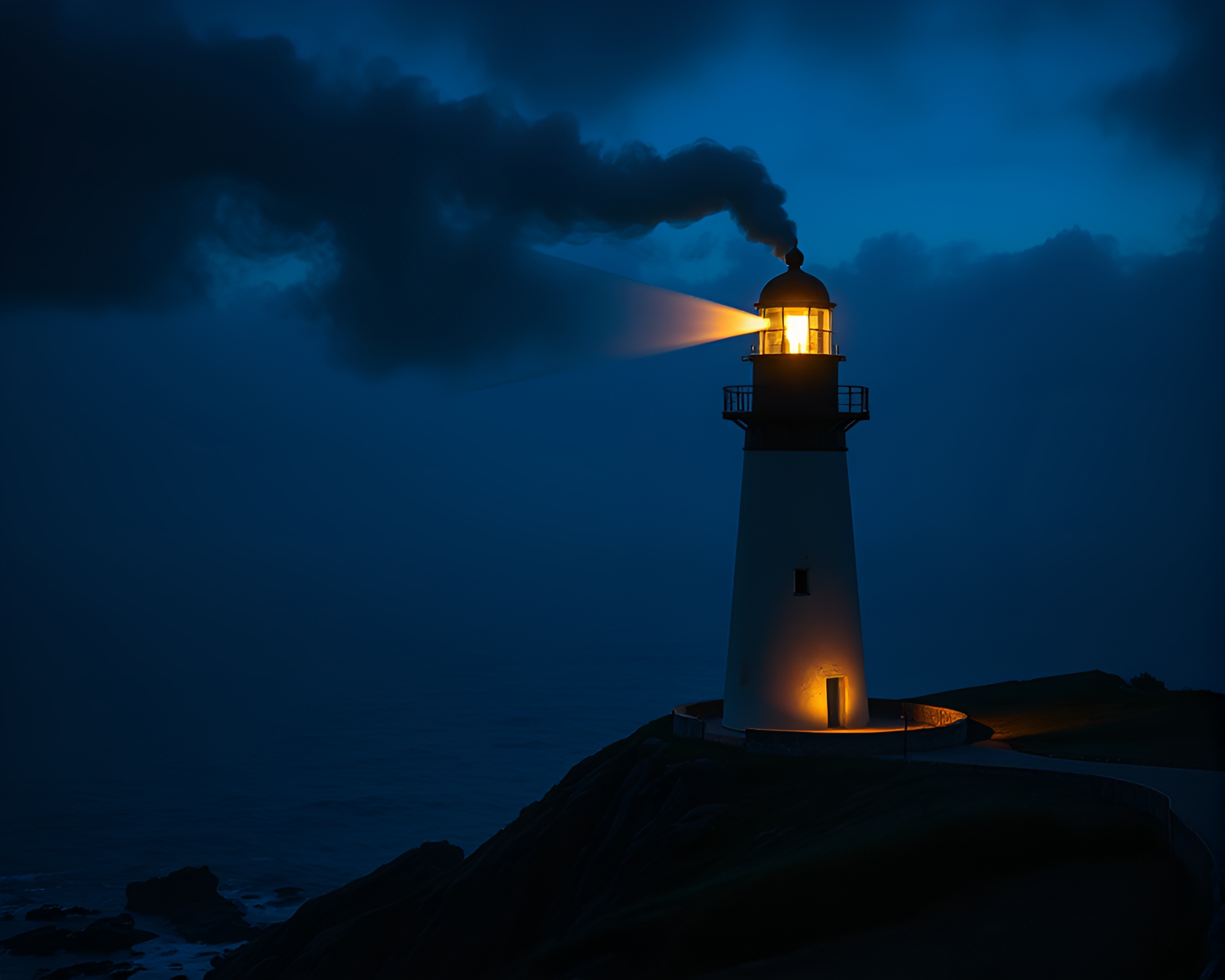 Smoke Swirls Around Candlelit Lighthouse on Cliffside Shadows – free AI stock image