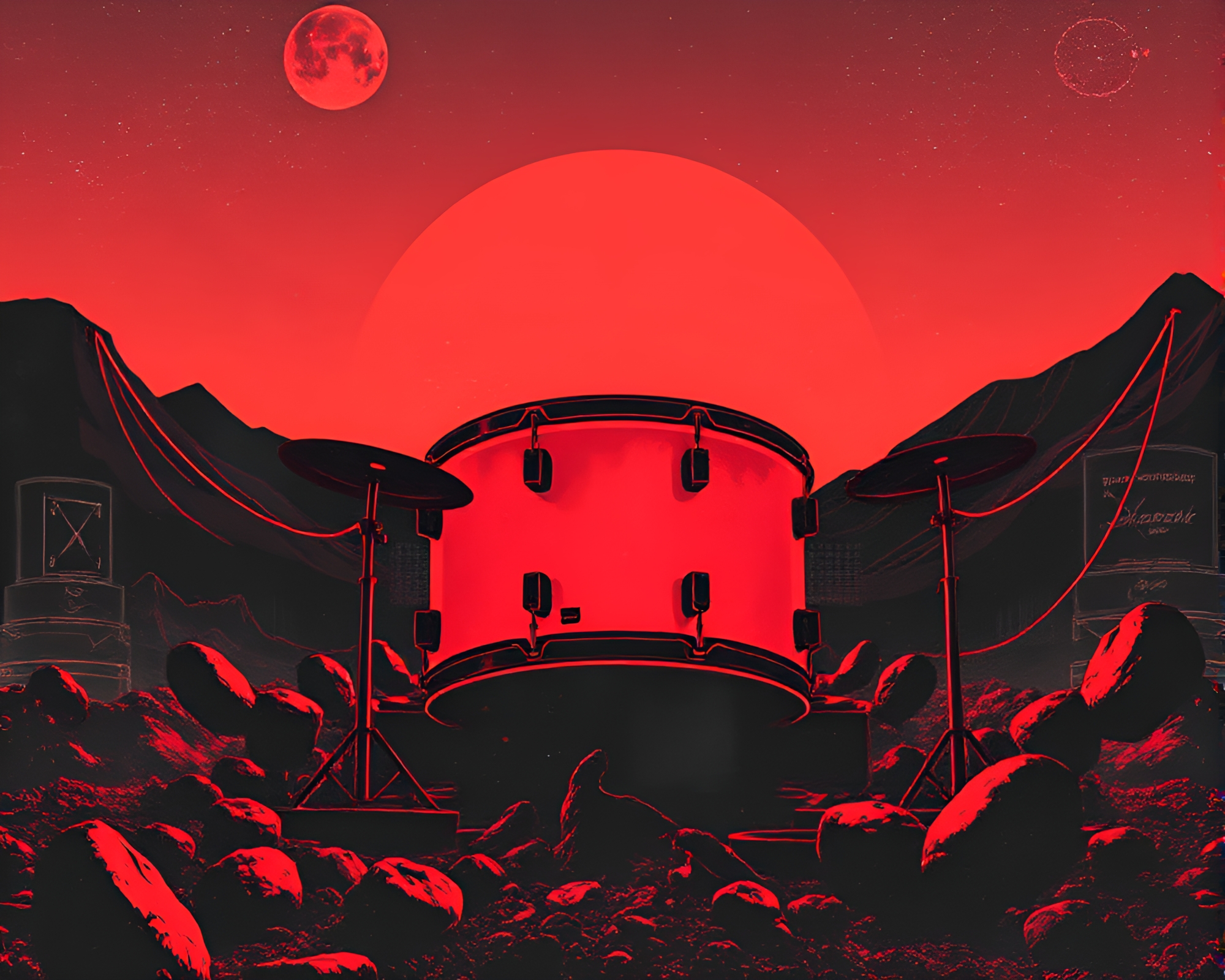 Retrowave Drum Collage in Volcano Glow – free AI stock image