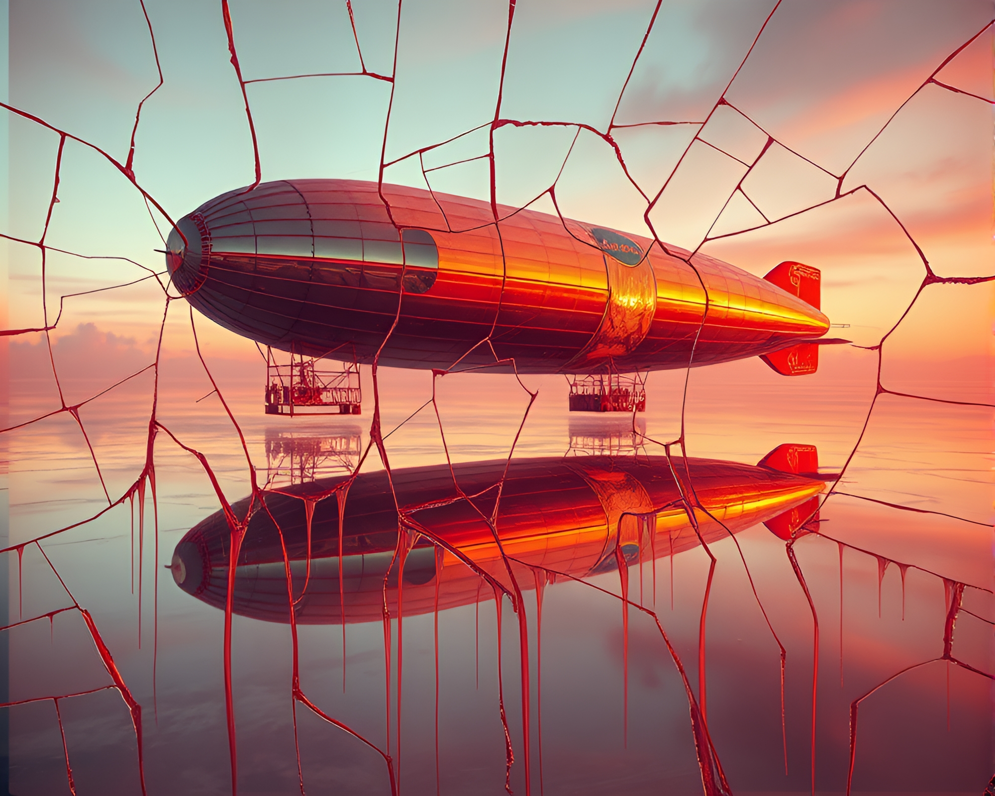 Mystical Zeppelin in Dripped Paint Reflections – free AI stock image