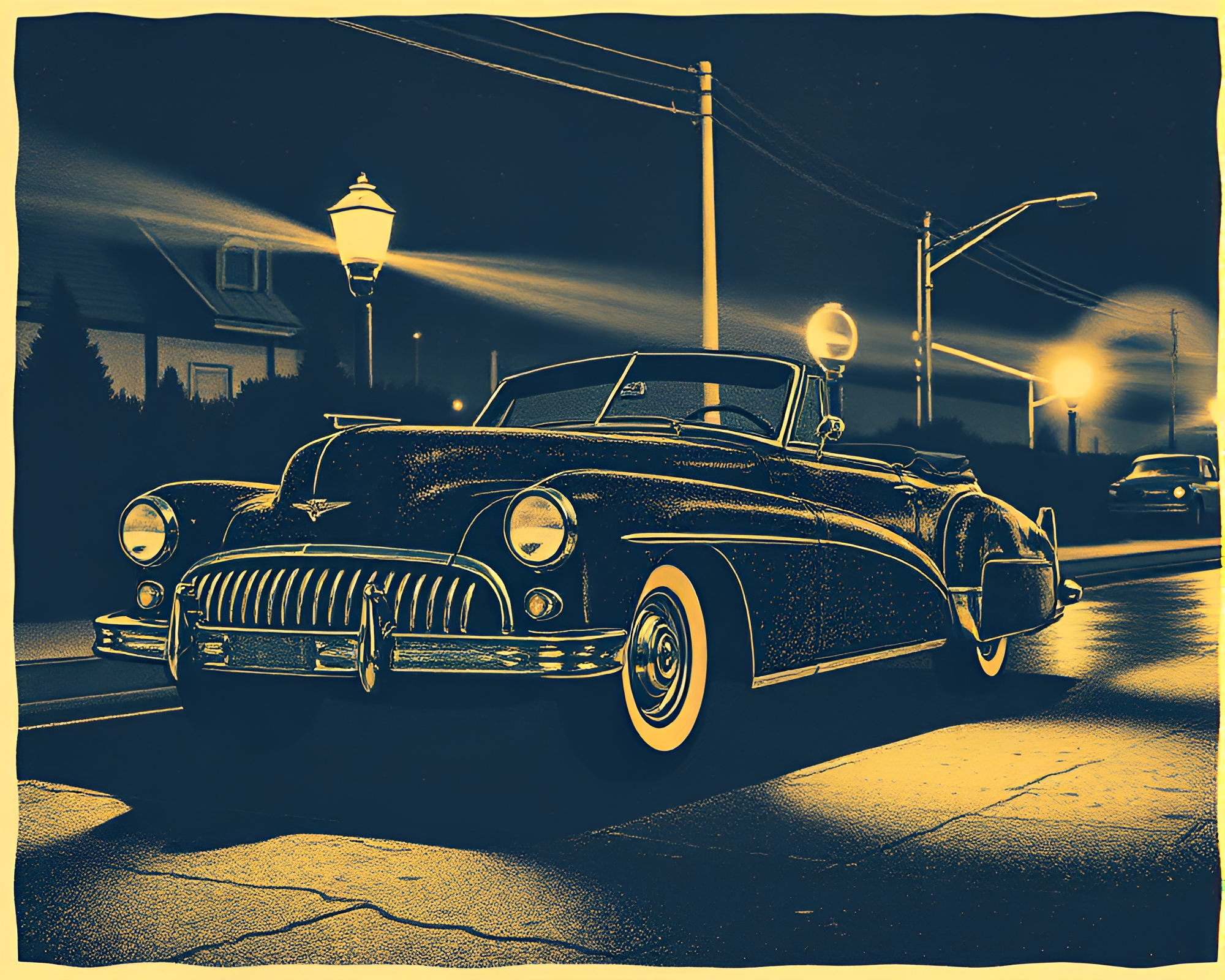 Stereoscopic Hover Car in Linocut Texture Porchlight – free AI stock image