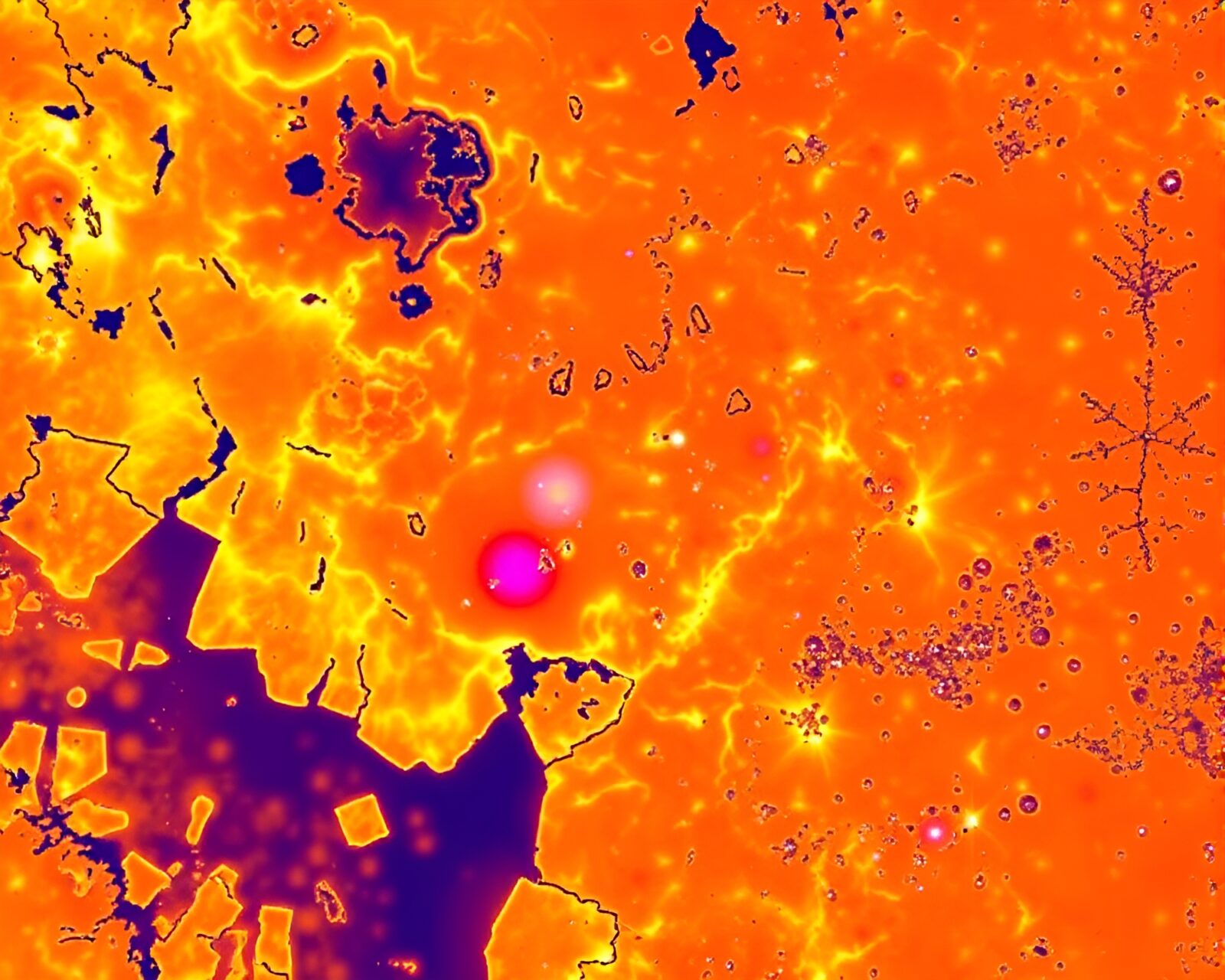 Thermal imaging colors showcase sea plane in ice crystal terrain