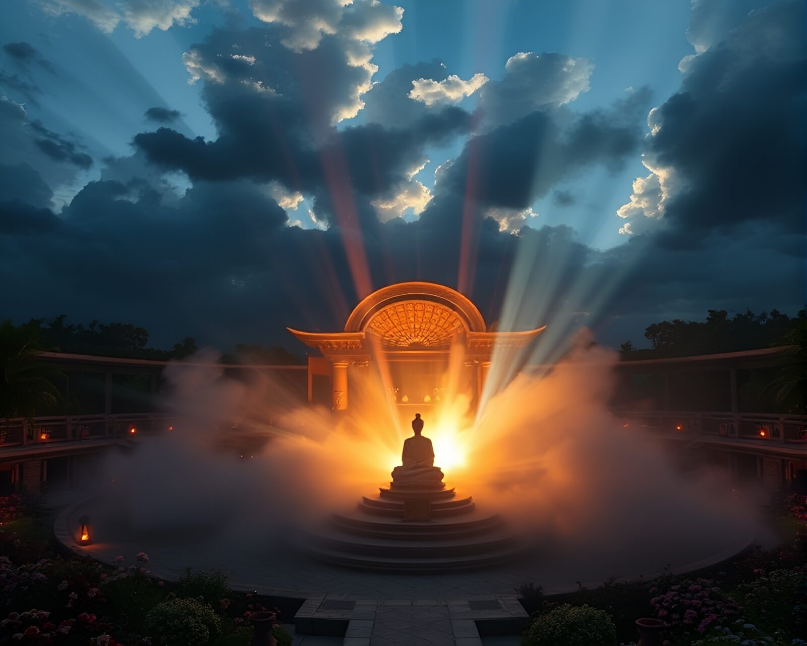 A serene Zen garden with an explosive cloud and vibrant opera-house glow