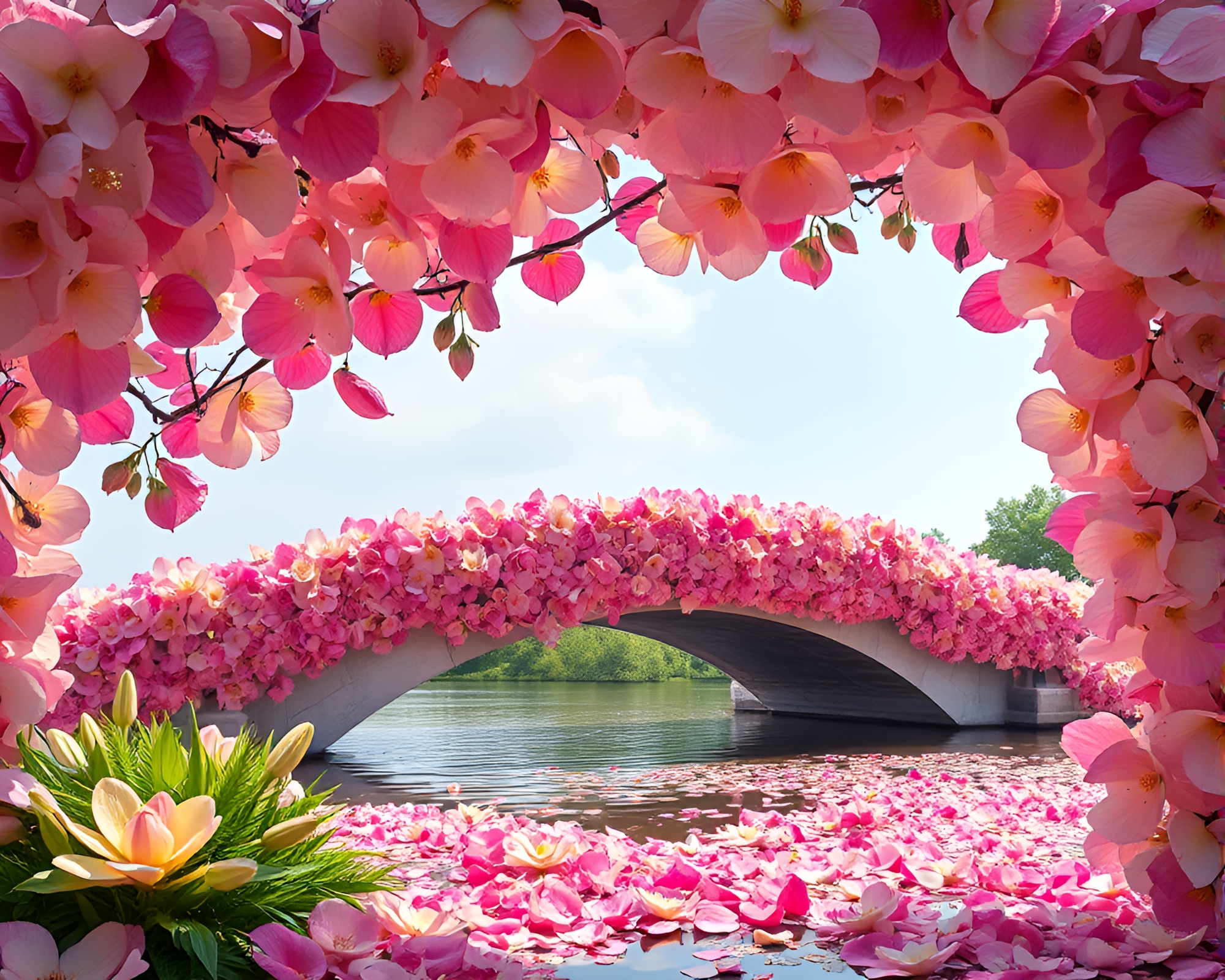 Glowing Arch Bridge Over Flower Petal River – free AI stock image