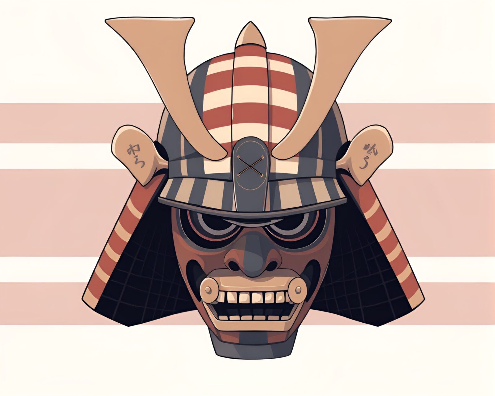 Striped pattern background with cel shading samurai helmet