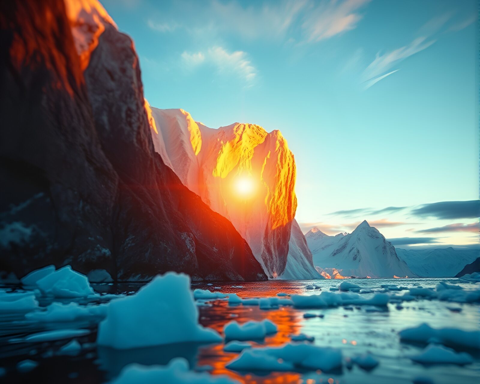 Majestic Arctic iceberg split in morning's golden glow