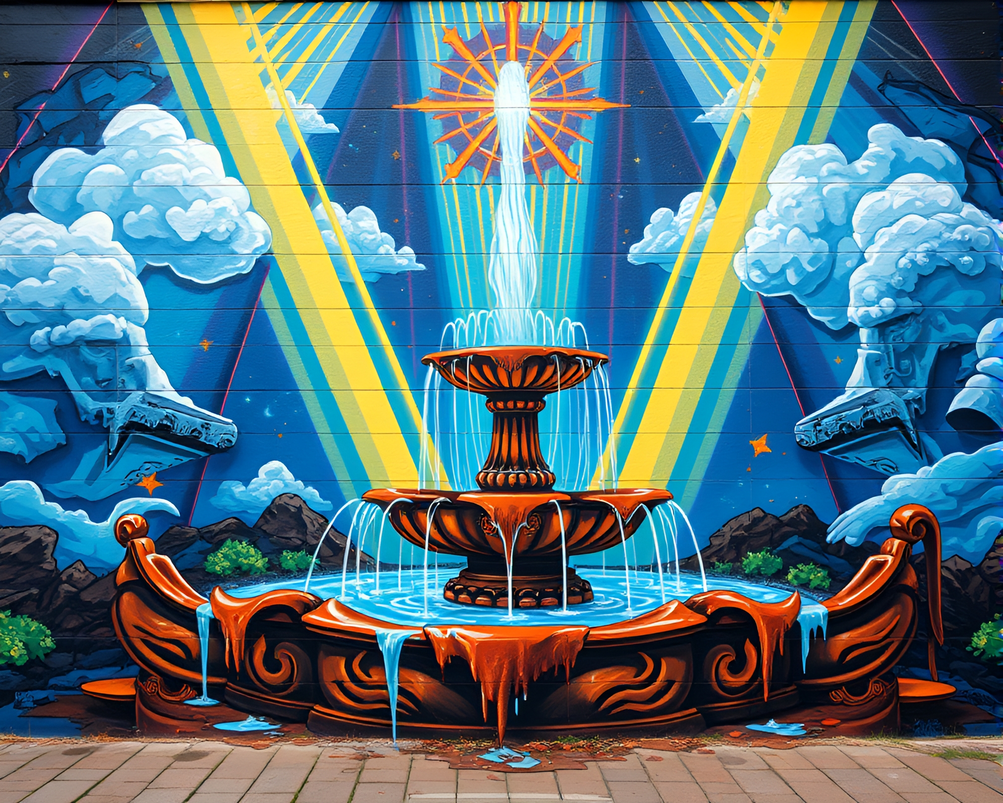 Surreal Chocolate Fountain Mural with God Rays – free AI stock image
