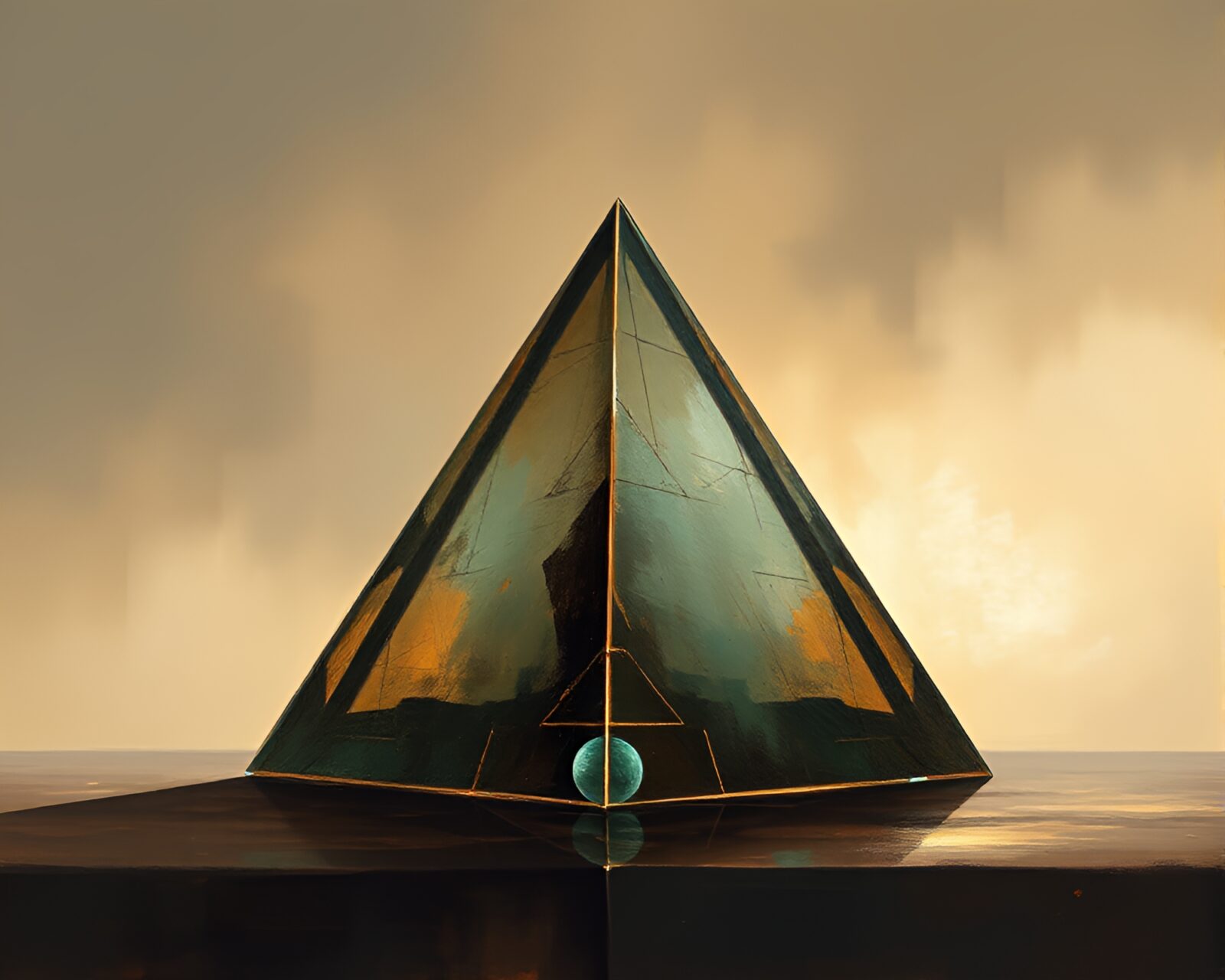 Impressionist painting of a bronze glass pyramid in haze
